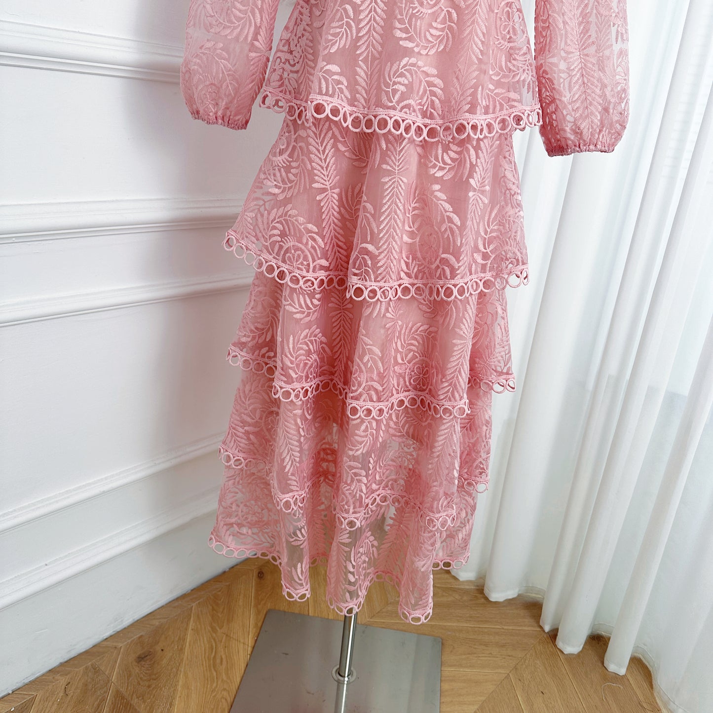 Women's Mesh Embroidery Ruffle Tiered Layered Maxi Dress