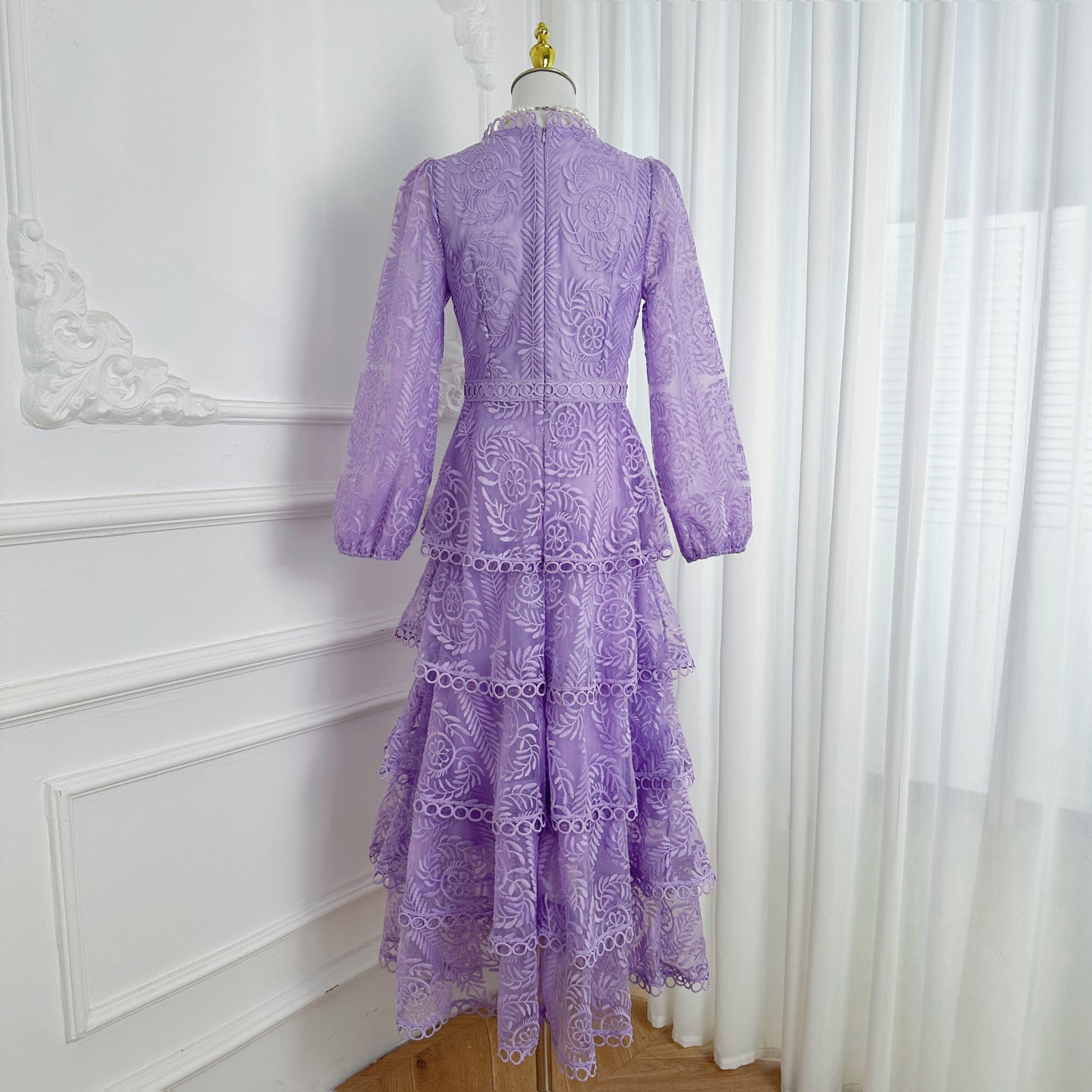Women's Mesh Embroidery Ruffle Tiered Layered Maxi Dress