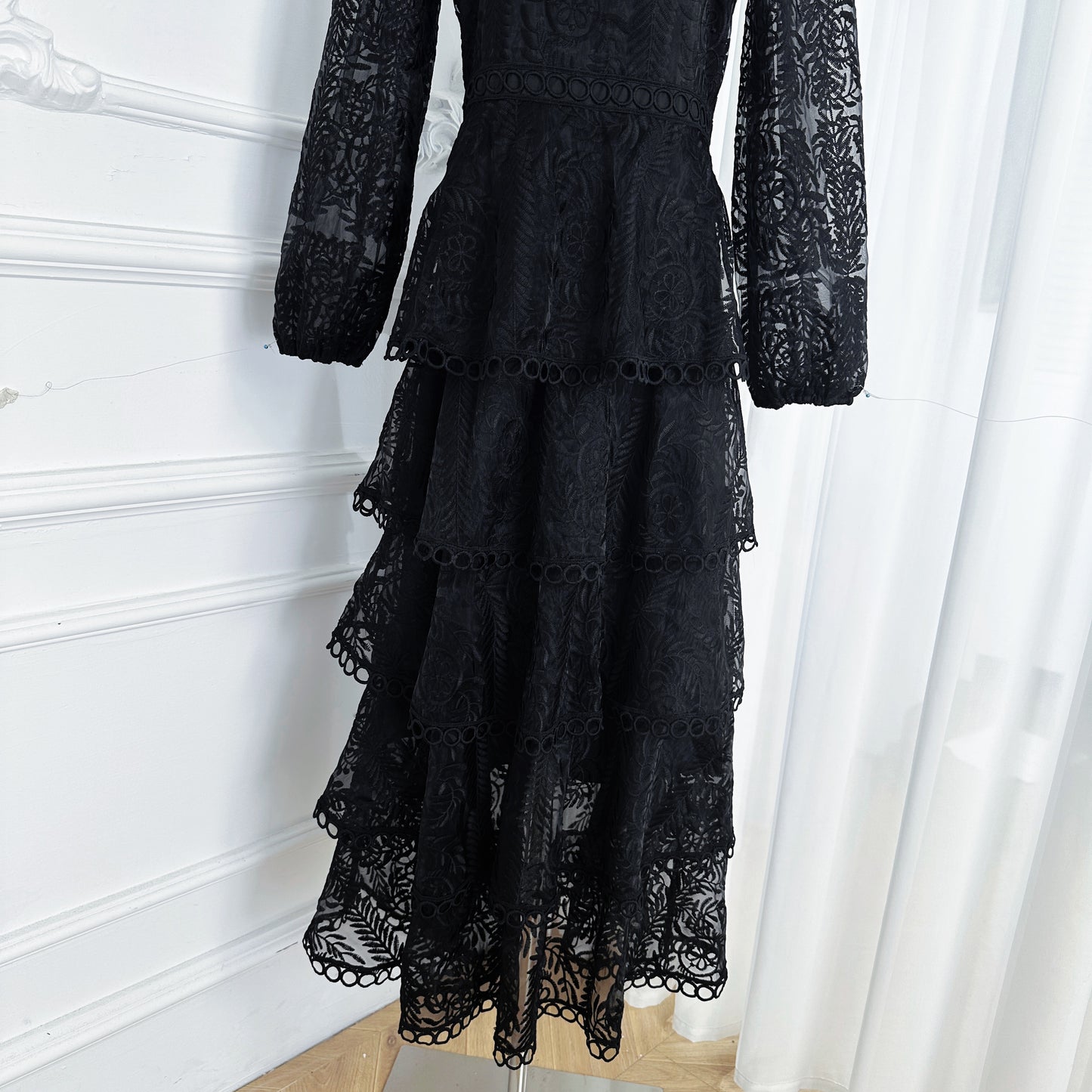 Women's Mesh Embroidery Ruffle Tiered Layered Maxi Dress