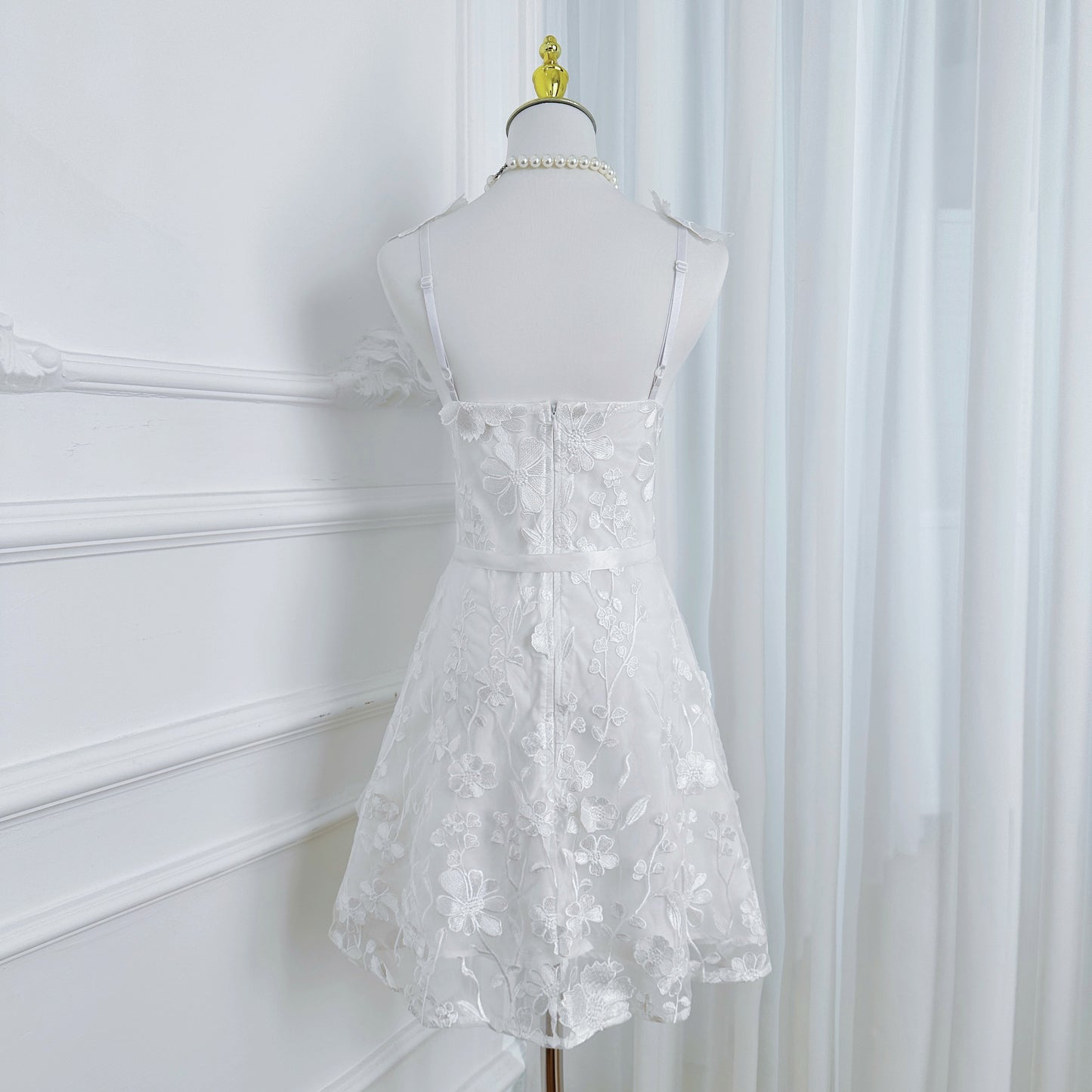 Women's Adjustable Spaghetti Straps 3D Floral Tulle Mini Dress