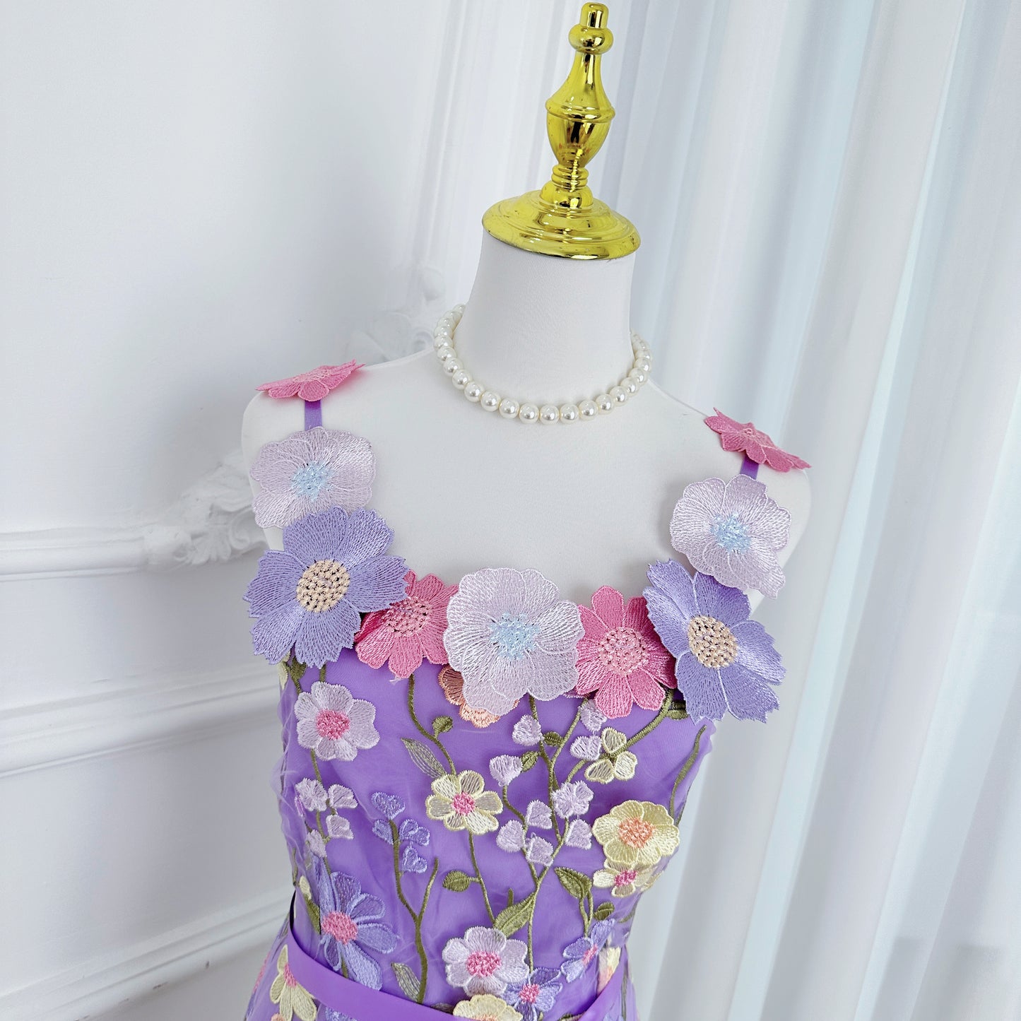 Women's Adjustable Spaghetti Straps 3D Floral Tulle Mini Dress