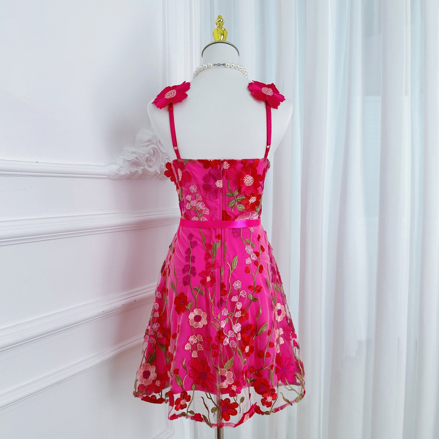 Women's Adjustable Spaghetti Straps 3D Floral Tulle Mini Dress