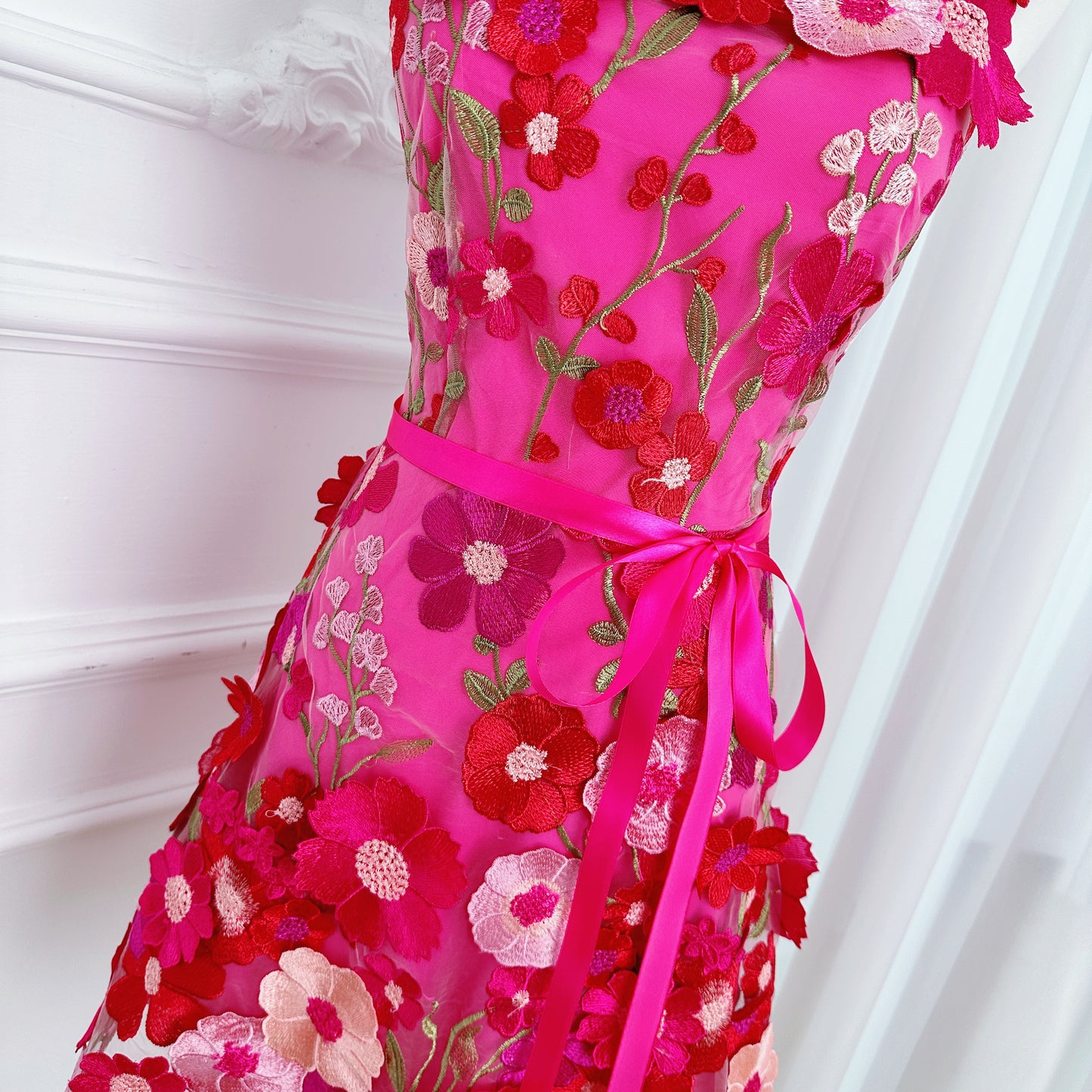 Women's Adjustable Spaghetti Straps 3D Floral Tulle Mini Dress