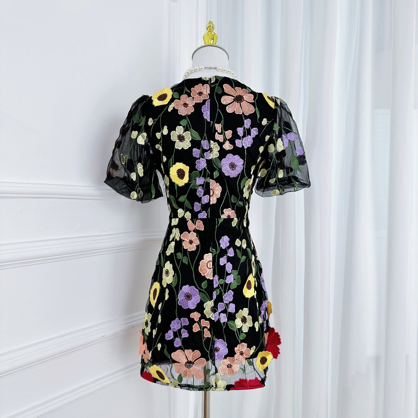 Women's 3D Floral Embroidery Tulle Lace Mesh Mini Dress
