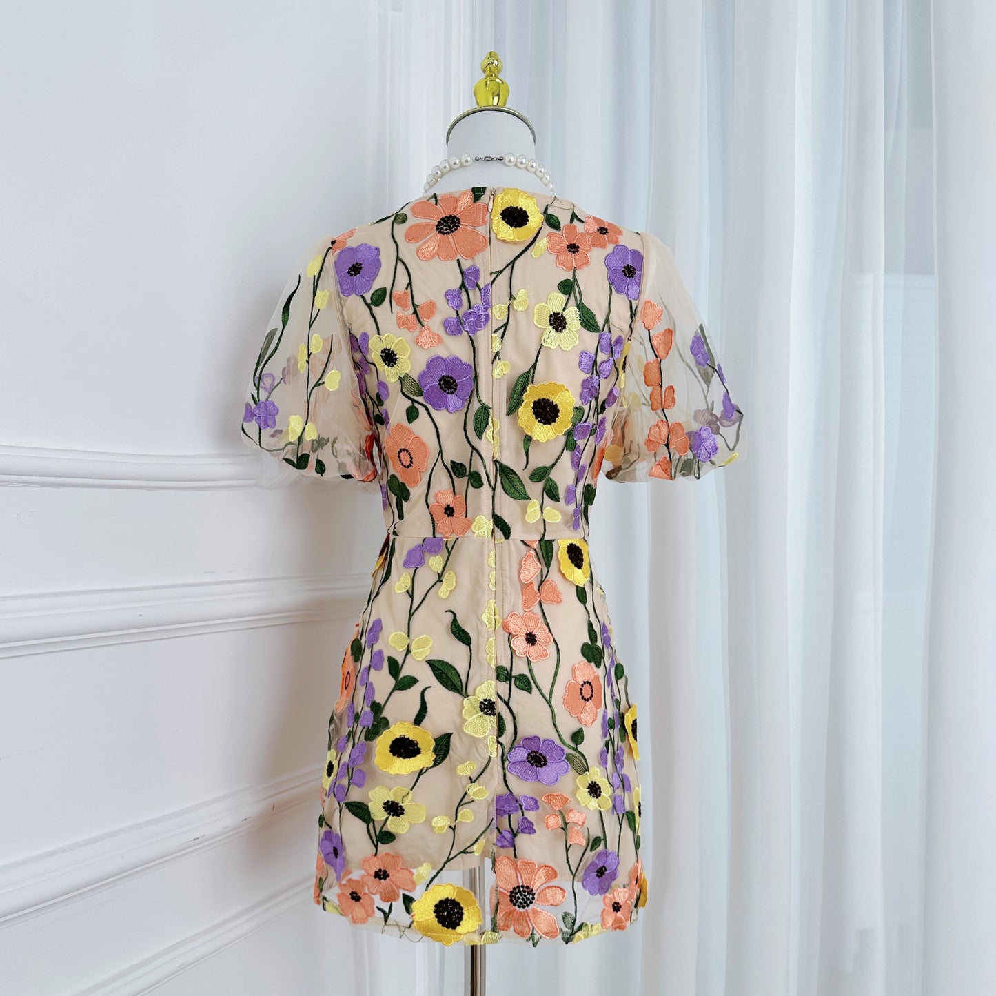 Women's 3D Floral Embroidery Tulle Lace Mesh Mini Dress