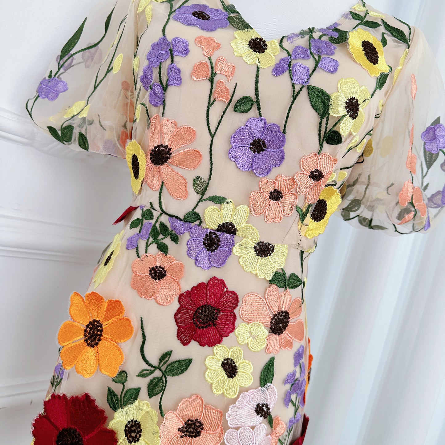 Women's 3D Floral Embroidery Tulle Lace Mesh Mini Dress