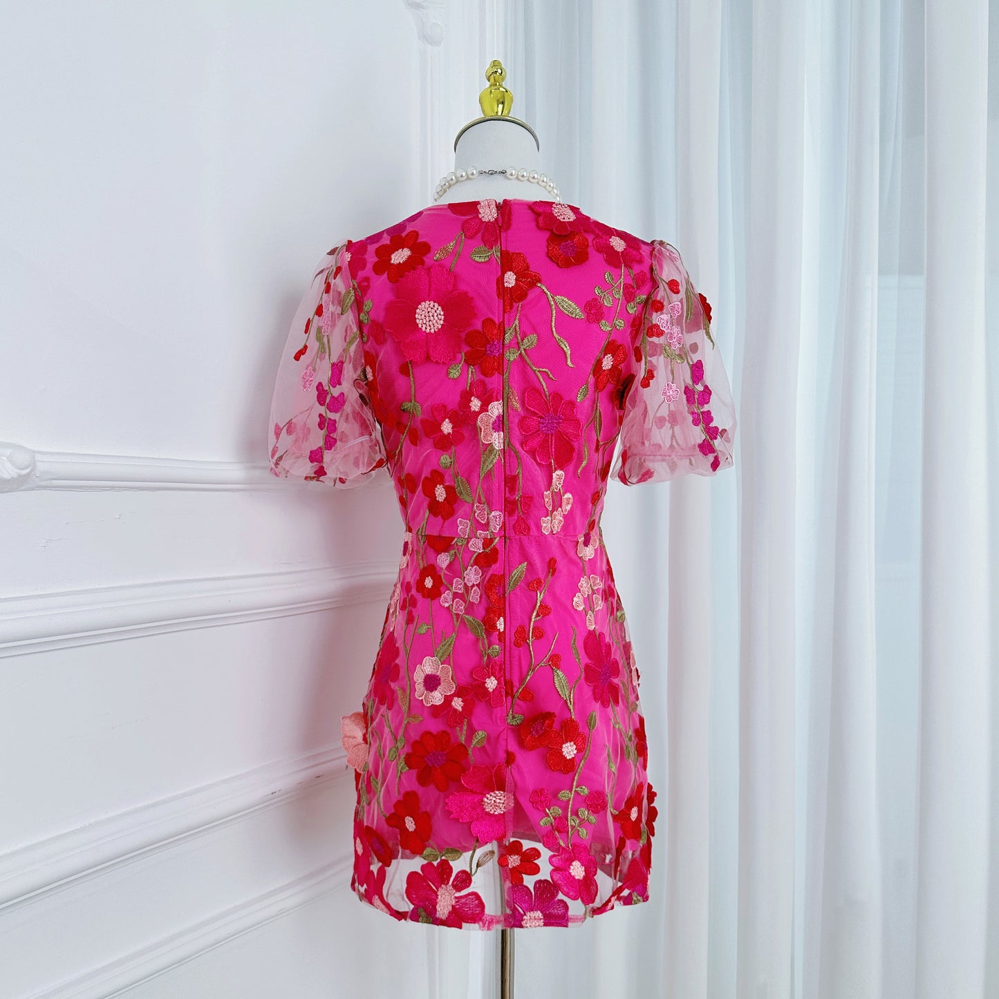 Women's 3D Floral Embroidery Tulle Lace Mesh Mini Dress