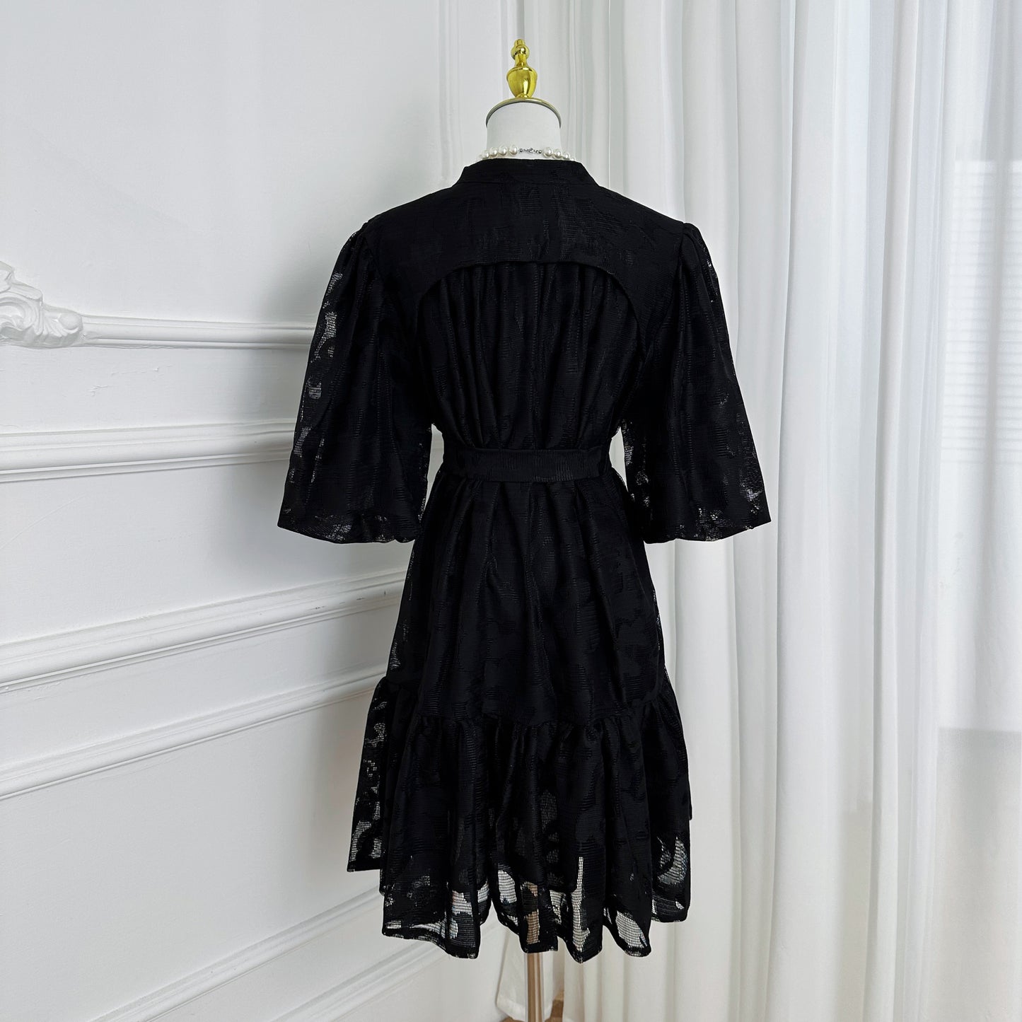 Women's Lace Puff Sleeve Ruffle Loose Mini Dress
