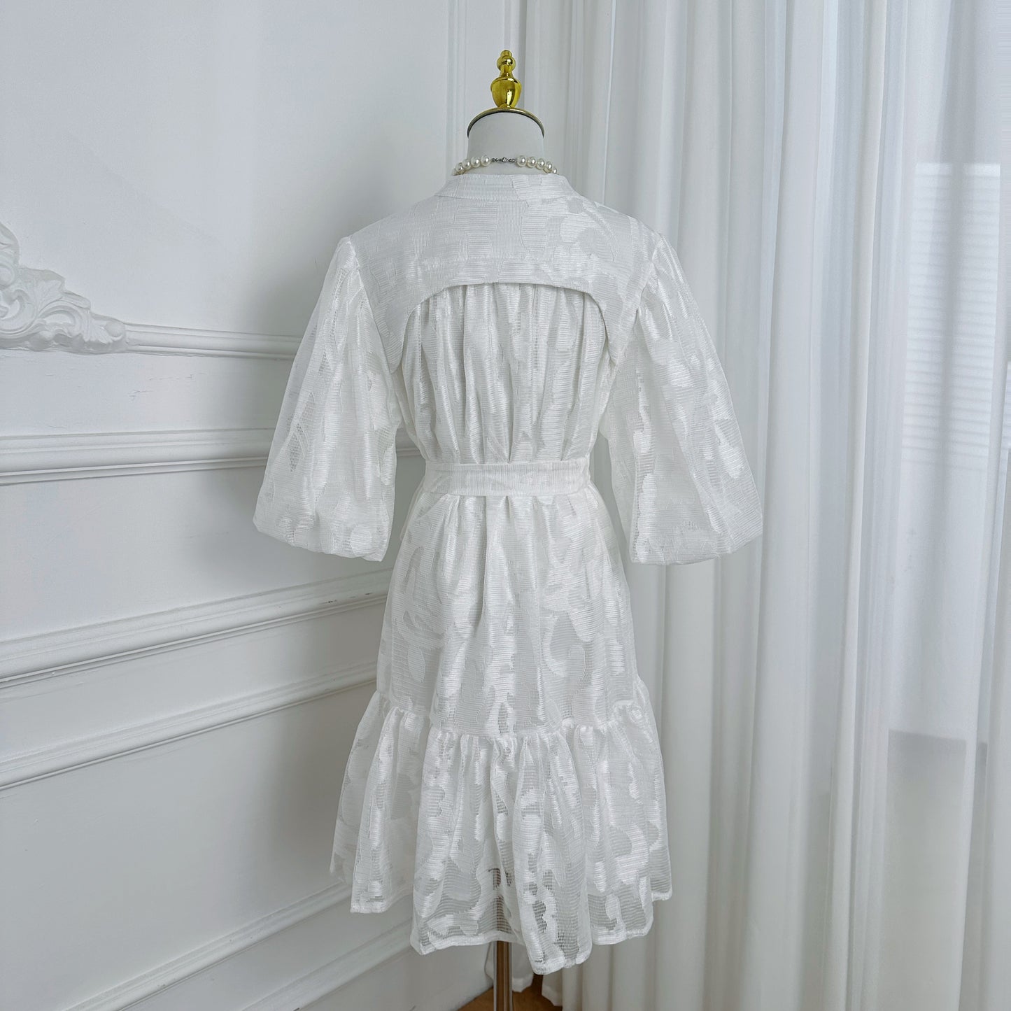 Women's Lace Puff Sleeve Ruffle Loose Mini Dress