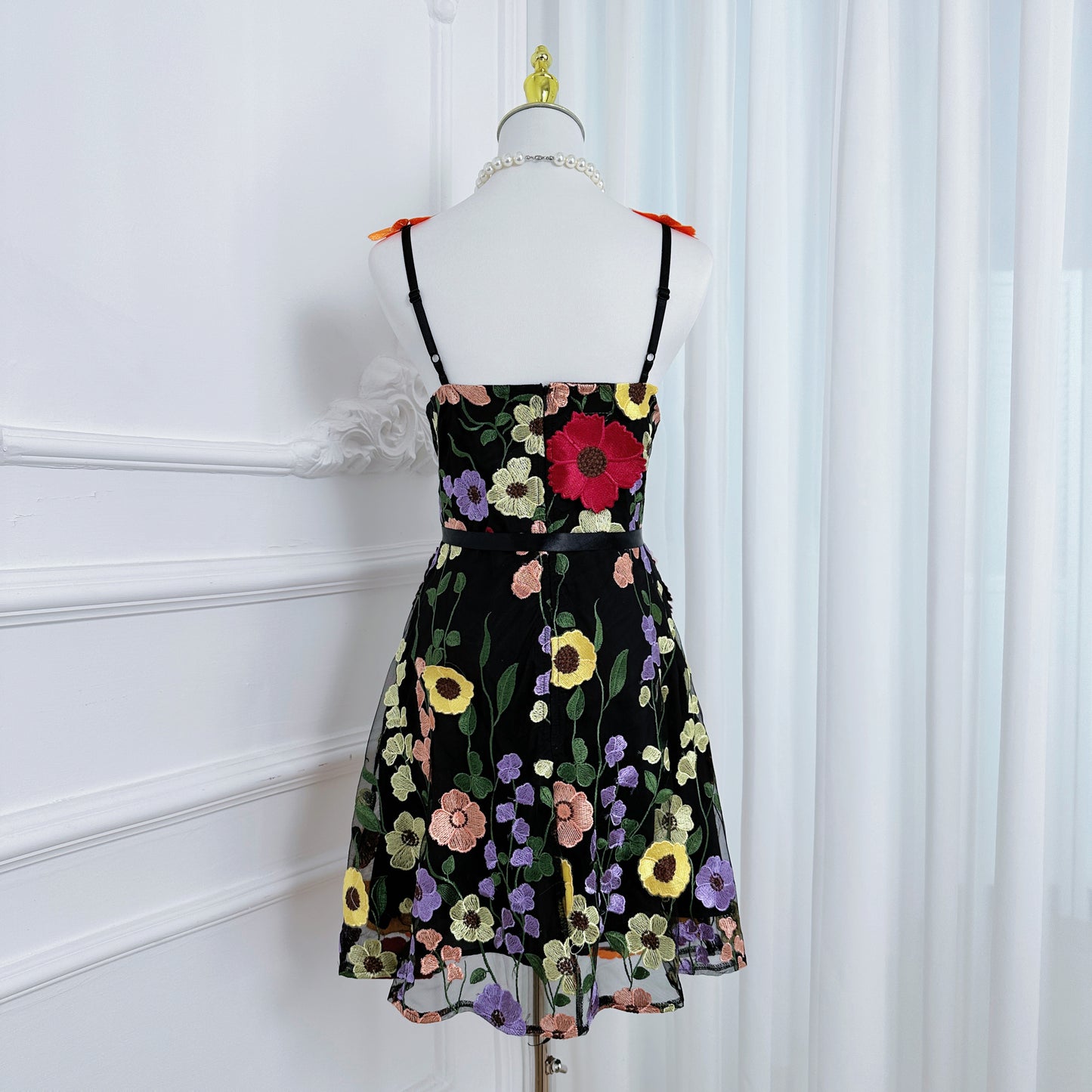 Women's Adjustable Spaghetti Straps 3D Floral Tulle Mini Dress