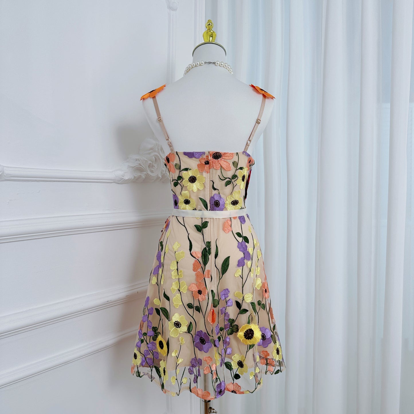 Women's Adjustable Spaghetti Straps 3D Floral Tulle Mini Dress