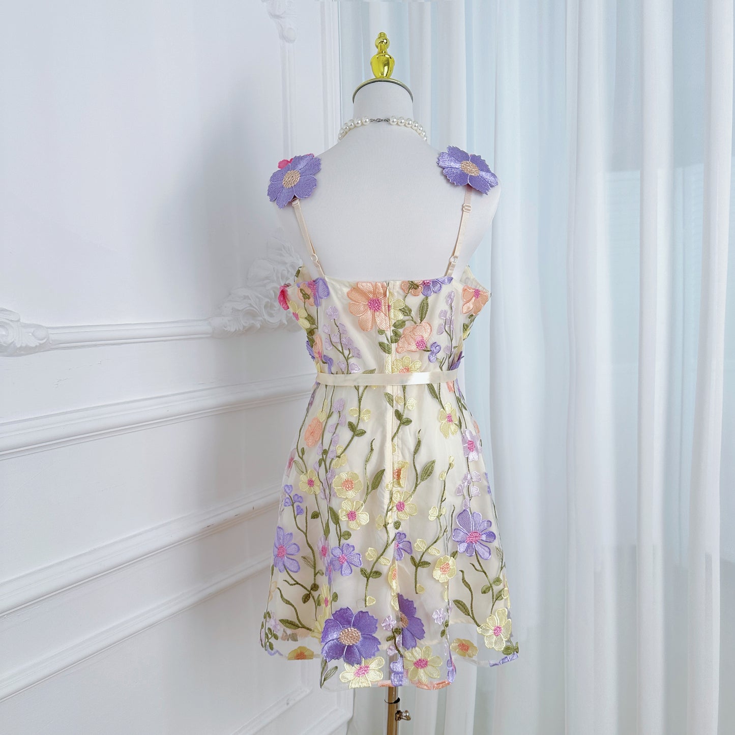 Women's Adjustable Spaghetti Straps 3D Floral Tulle Mini Dress
