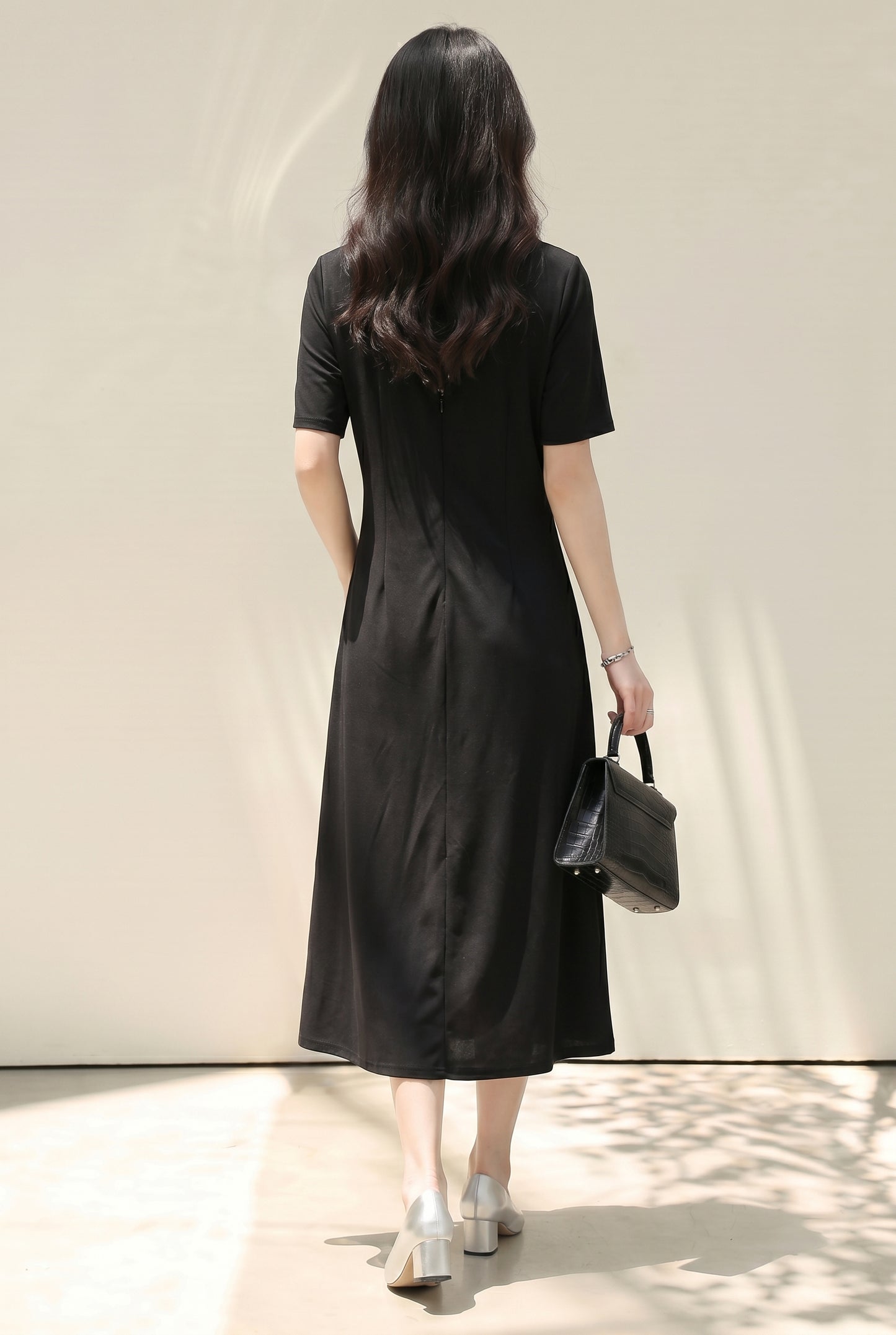 Black Ruched Side Slit Midi Dress with Gold Detail