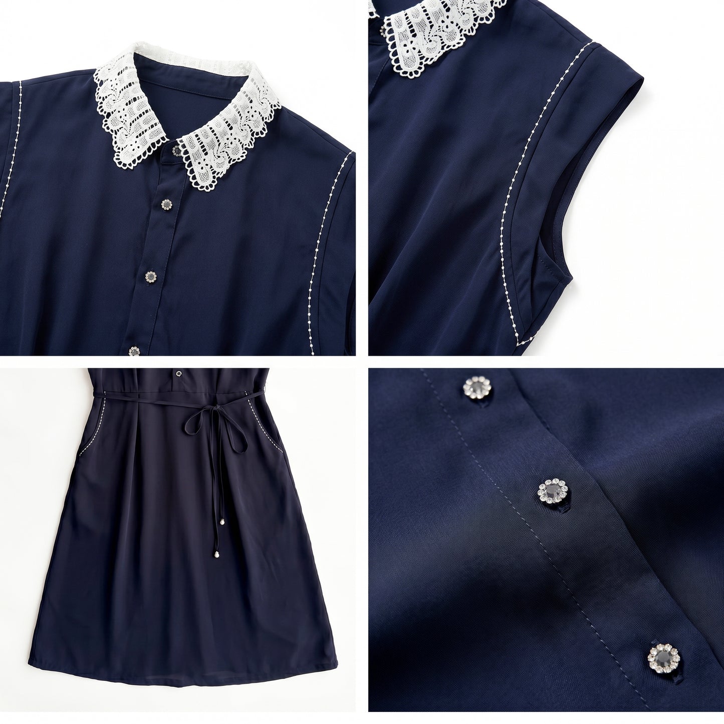 Navy Lace Collar Shirt Midi Dress with Pockets