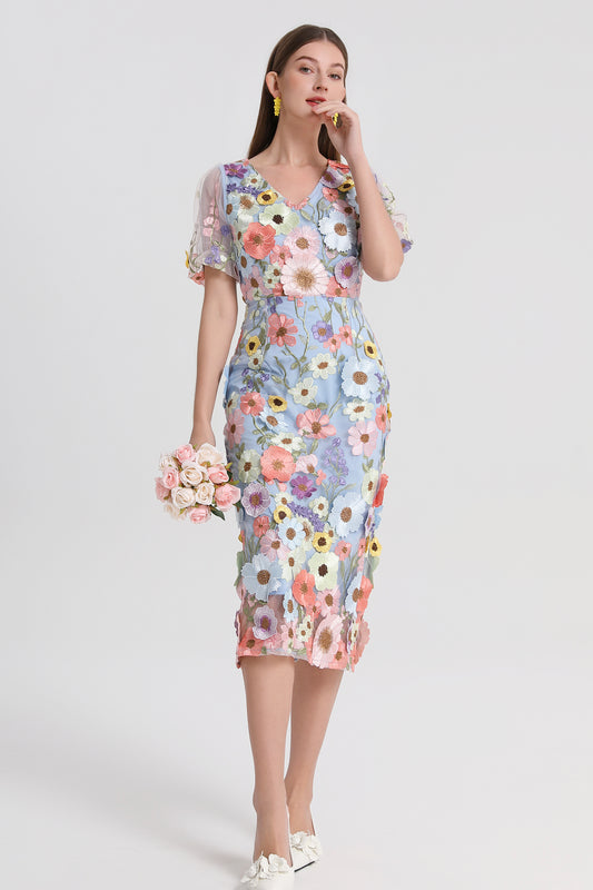Women's 3D Floral Puff Sleeves Mesh Slit Midi Dress