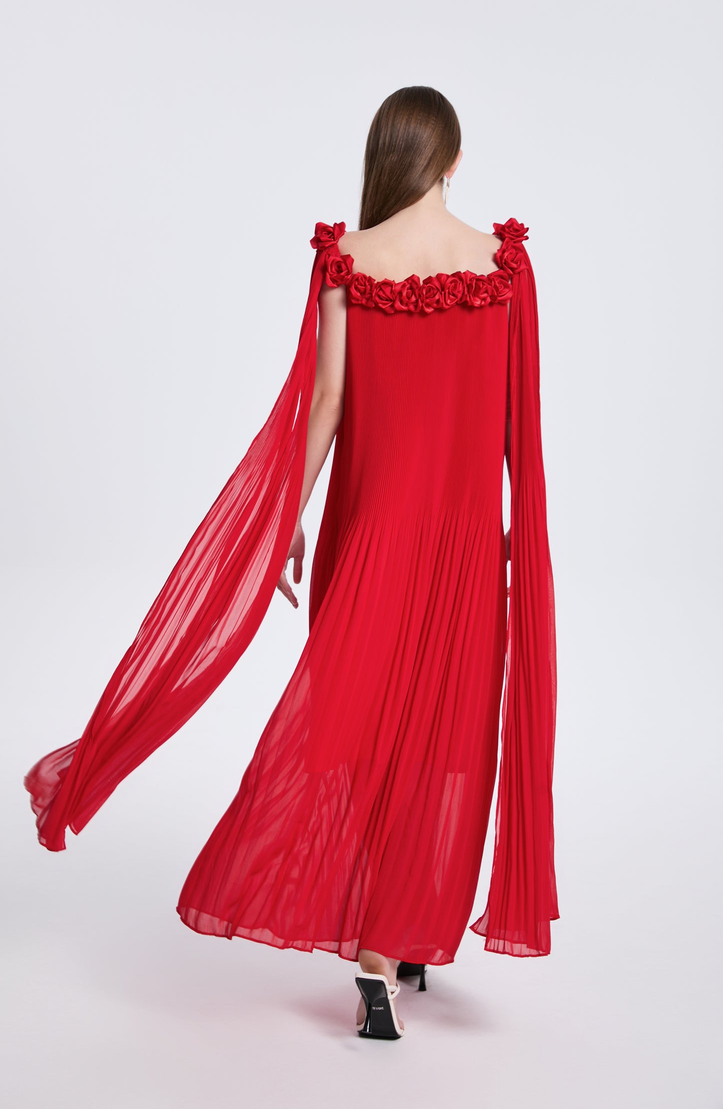Women's Off Shoulder Chiffon 3D Floral Pleated Maxi Dress