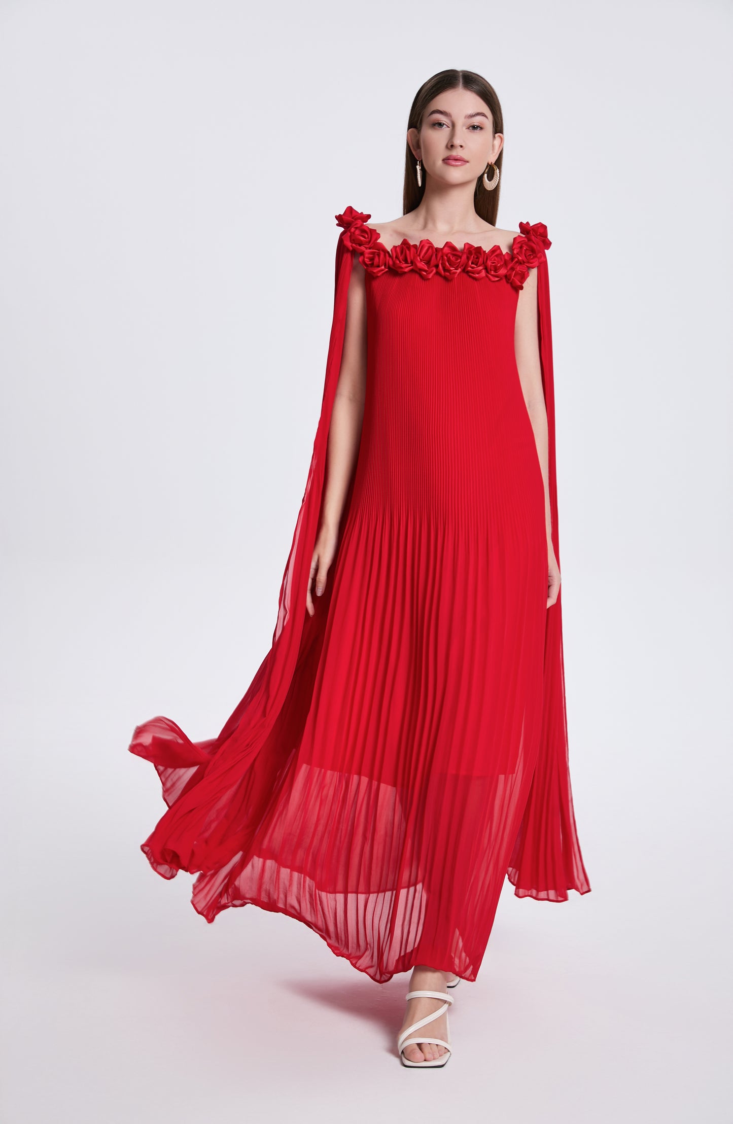 Women's Off Shoulder Chiffon 3D Floral Pleated Maxi Dress