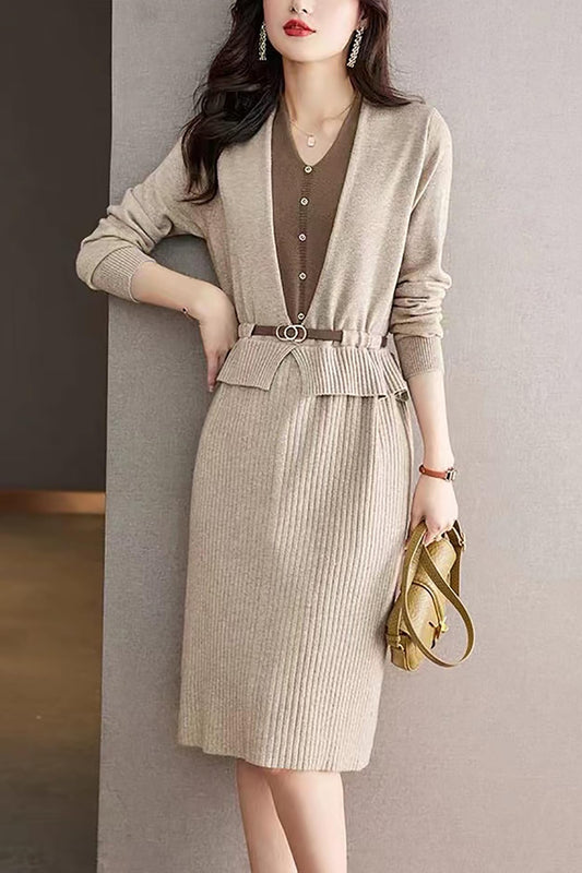 Knit Patchwork Belt Stretchy Midi Dress