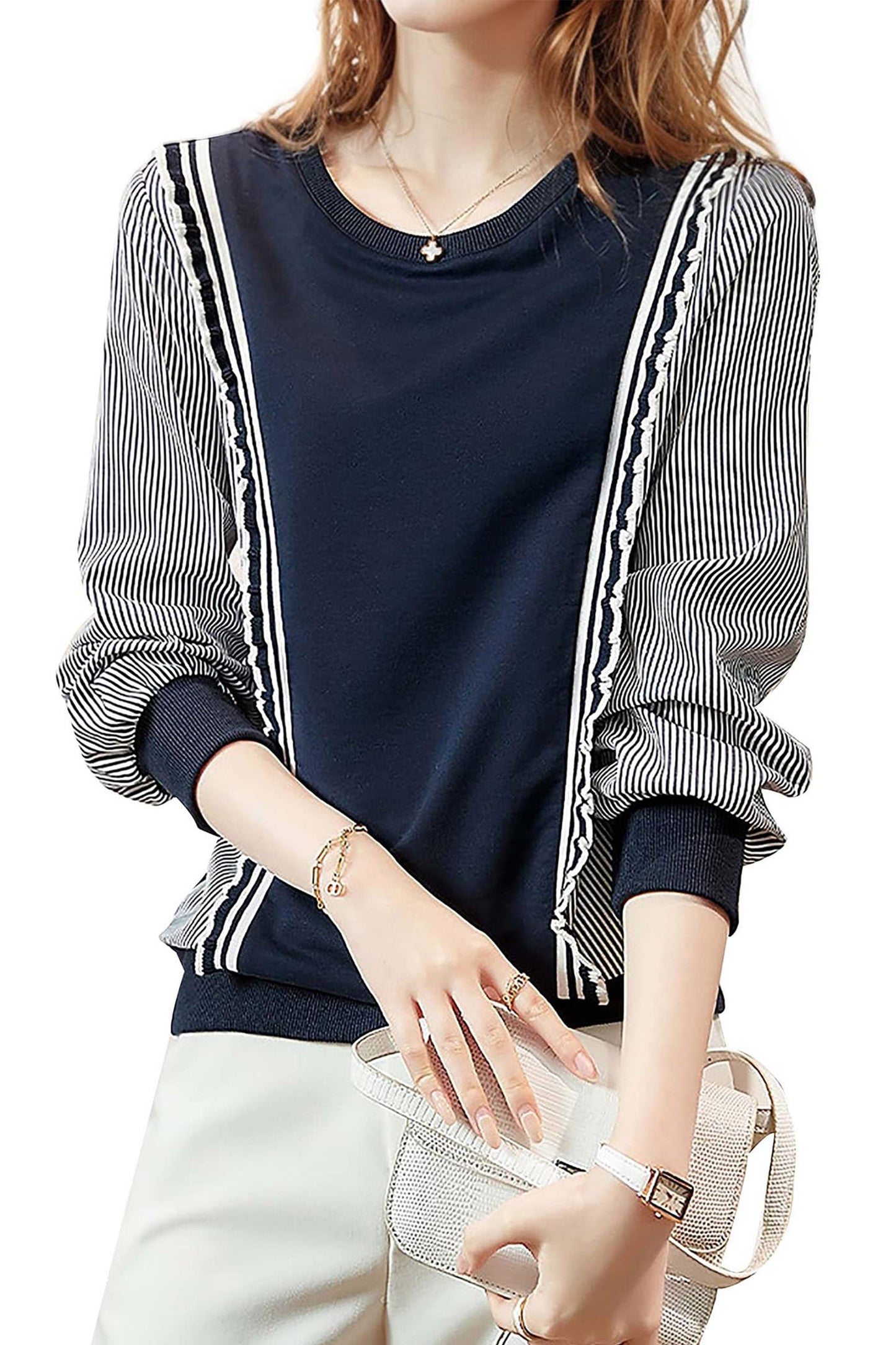 Pullover Patchwork Stripe Blouse Knit Tops - LAI MENG FIVE CATS