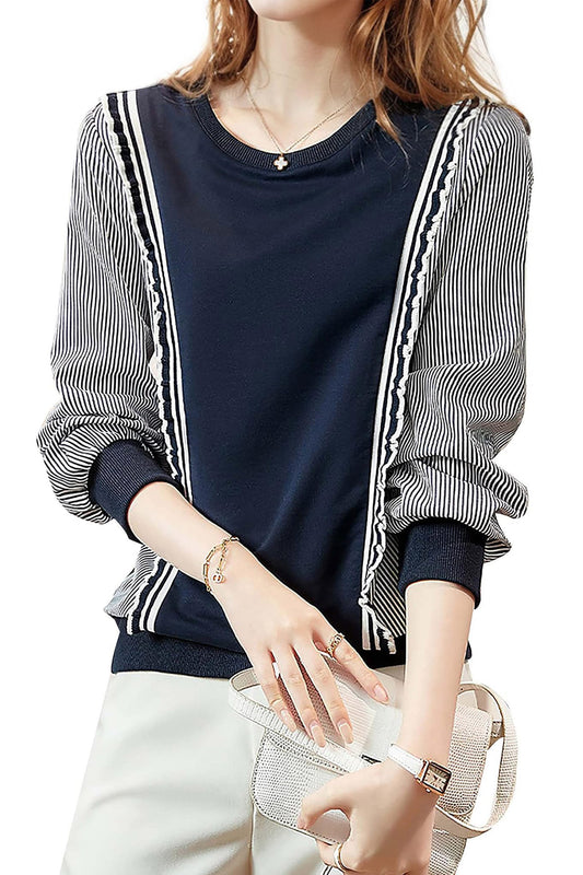 Pullover Patchwork Stripe Blouse Knit Tops - LAI MENG FIVE CATS