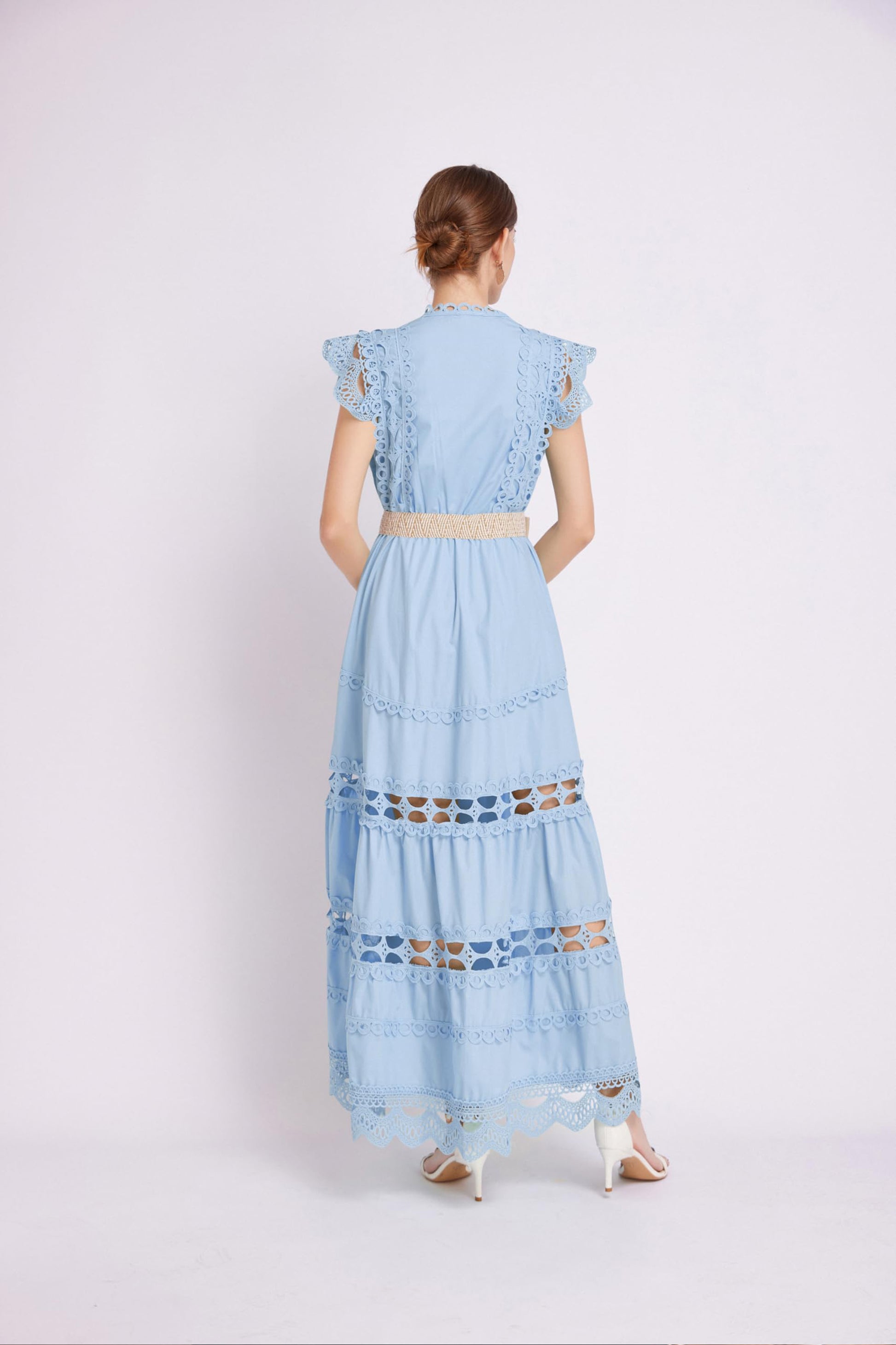 BK-Womens Lace Hollow Ruffled  Maxi  Dress - LAI MENG FIVE CATS