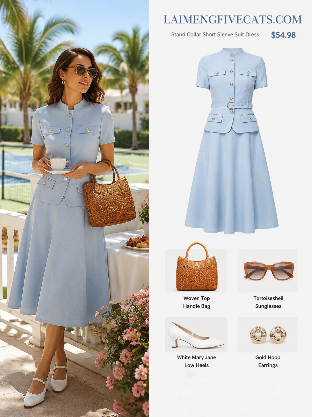 Chic 2-Piece Outfit: EShort-Sleeve Mandarin Collar Jacket & A-Line Skirt
