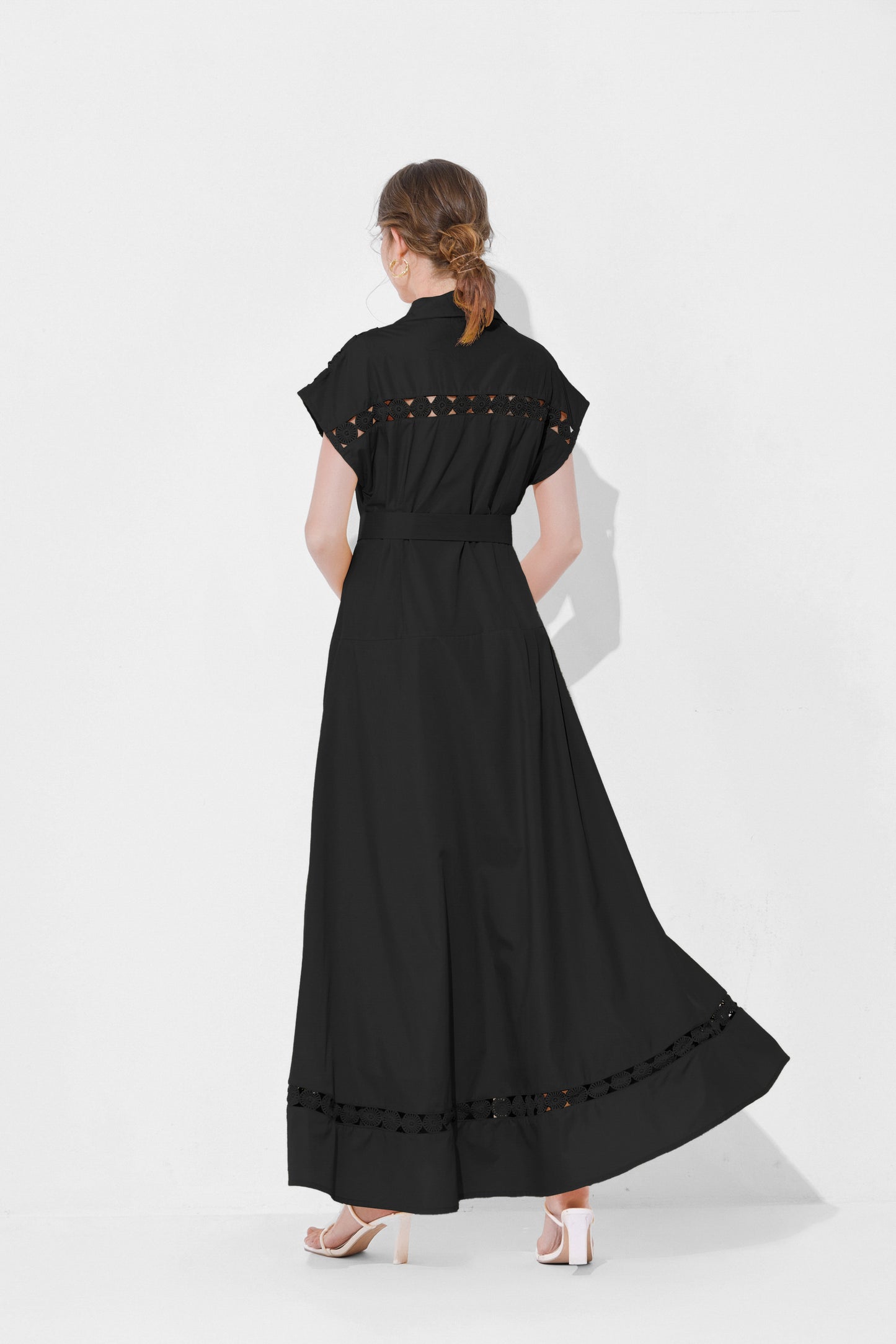 Women's Collar Hollow Cap Sleeve Maxi Dress