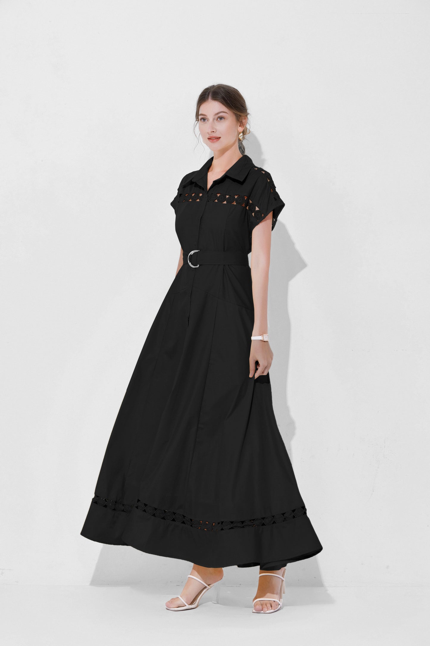 Women's Collar Hollow Cap Sleeve Maxi Dress