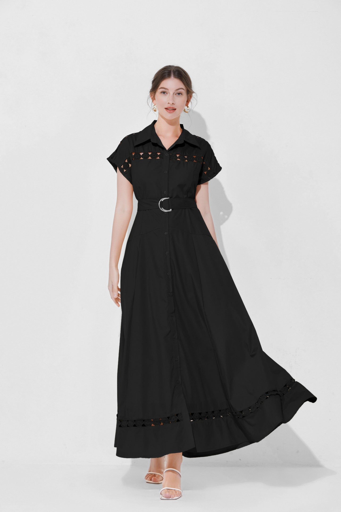 Women's Collar Hollow Cap Sleeve Maxi Dress
