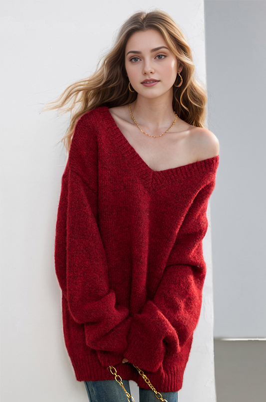 SD-Womens Off The Shoulder Loose Sweater - LAI MENG FIVE CATS