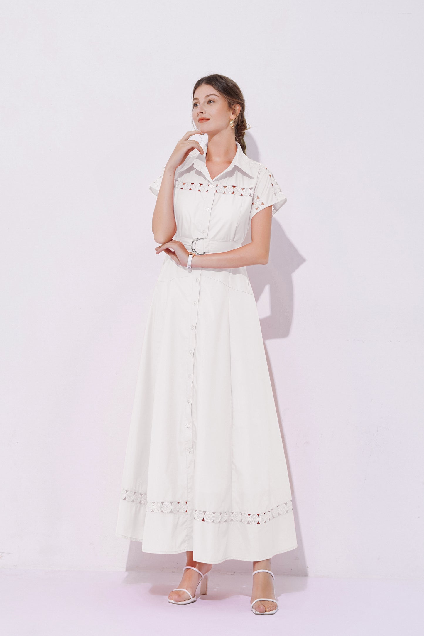 Women's Collar Hollow Cap Sleeve Maxi Dress