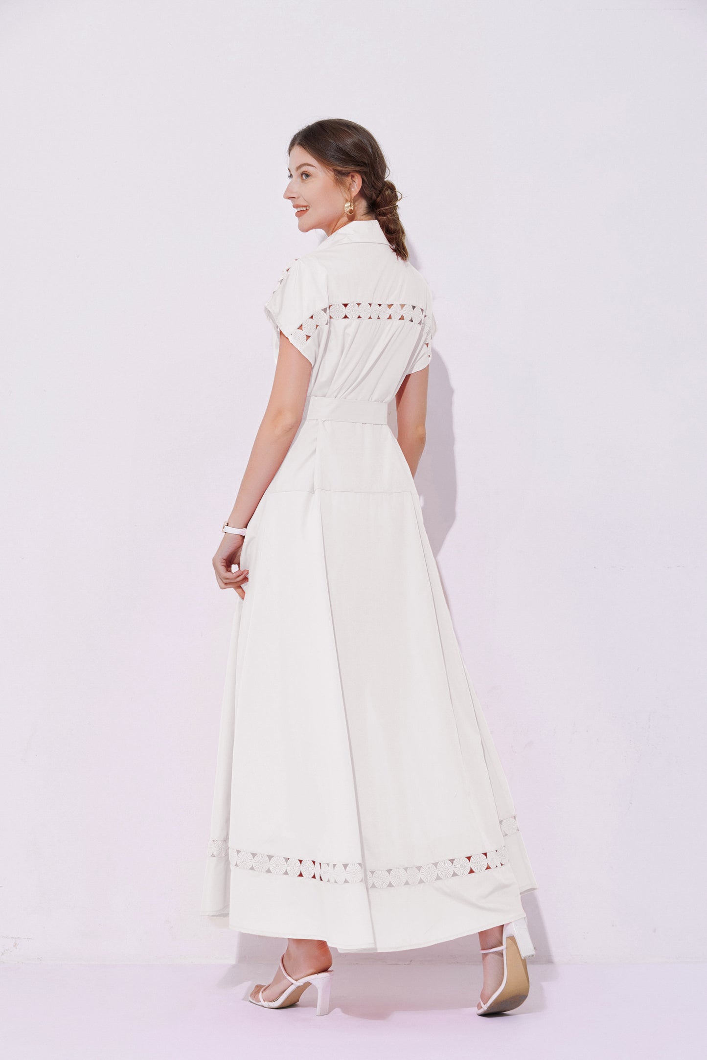 Women's Collar Hollow Cap Sleeve Maxi Dress