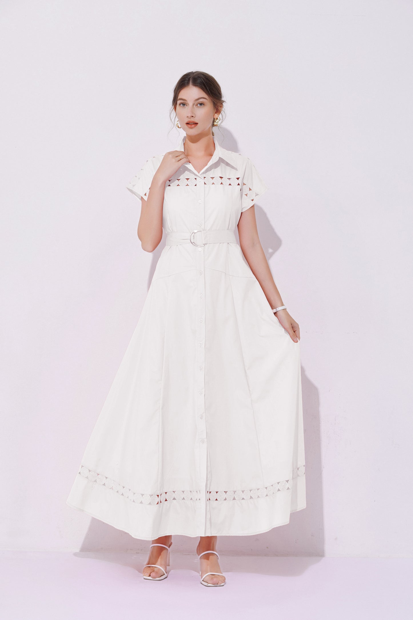 Women's Collar Hollow Cap Sleeve Maxi Dress