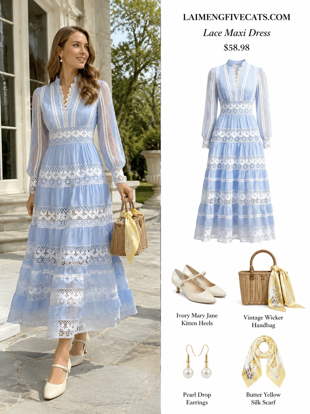 Women's Blue V-Neck Boho Chic Lace Tiered Maxi Dress - LAI MENG FIVE CATS