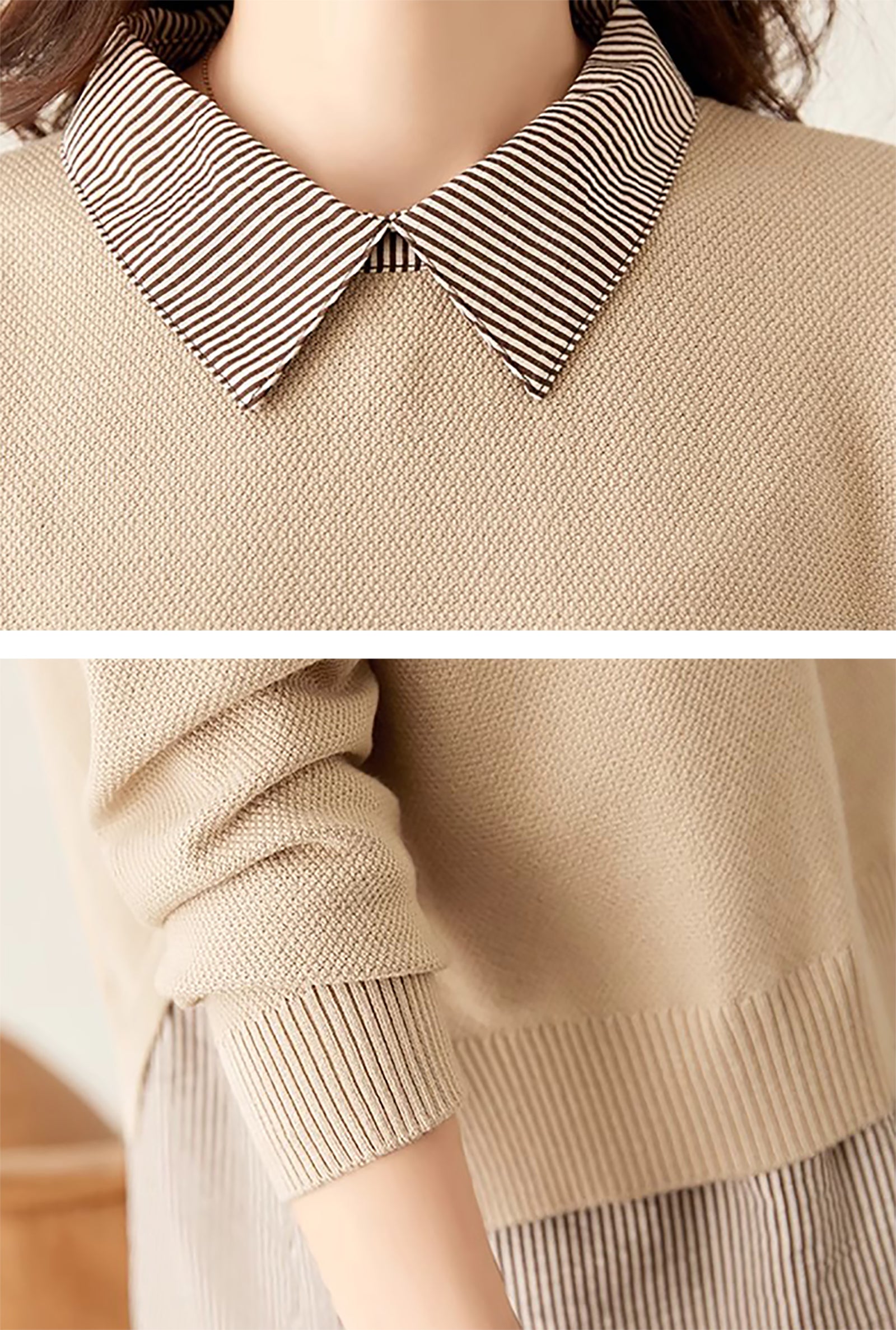 Women's Patchwork Shirt Collar Cotton  Knit Pullover Tops - LAI MENG FIVE CATS