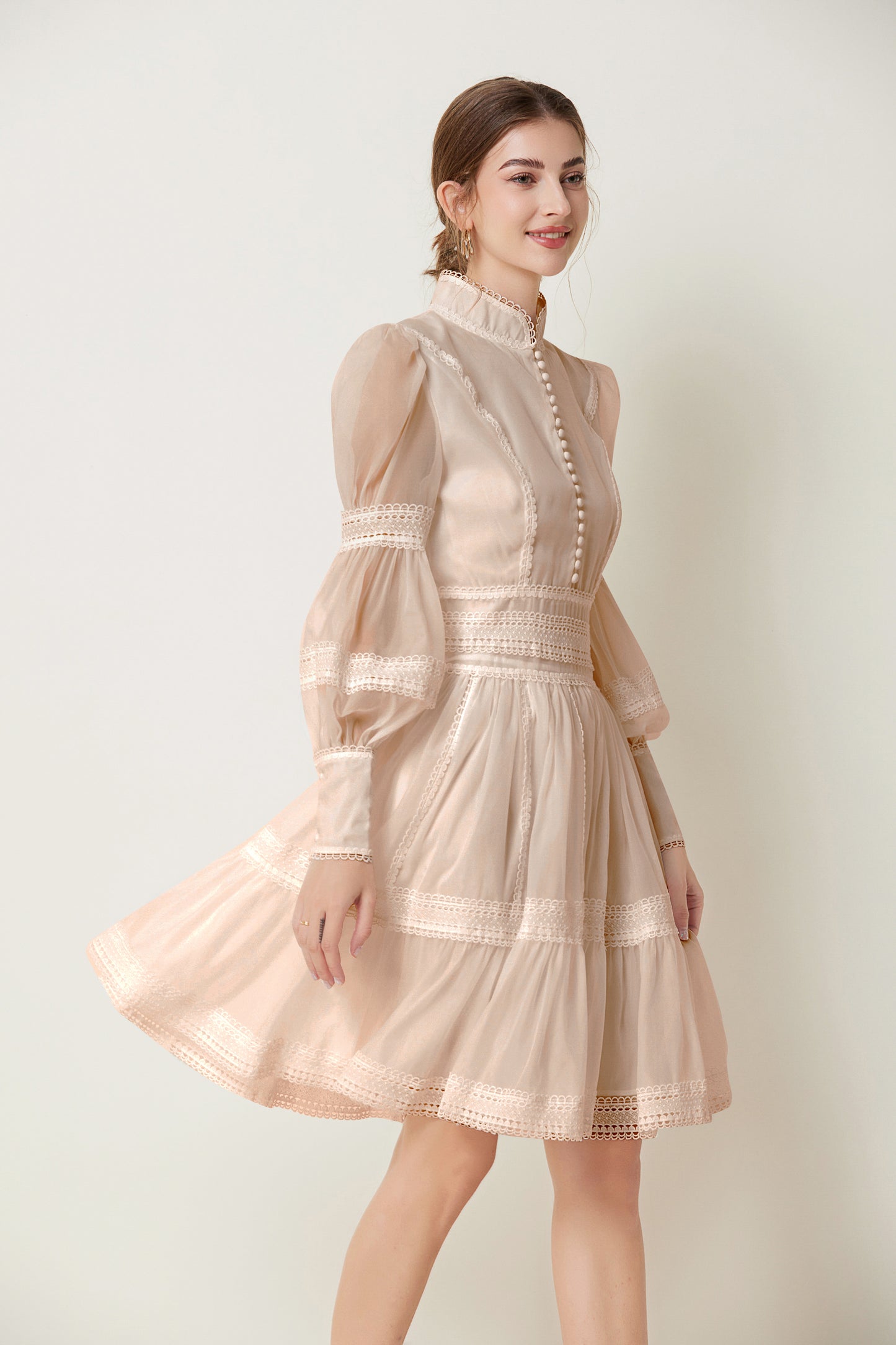 BK-Organza Lace Puff Sleeve Mini Dress