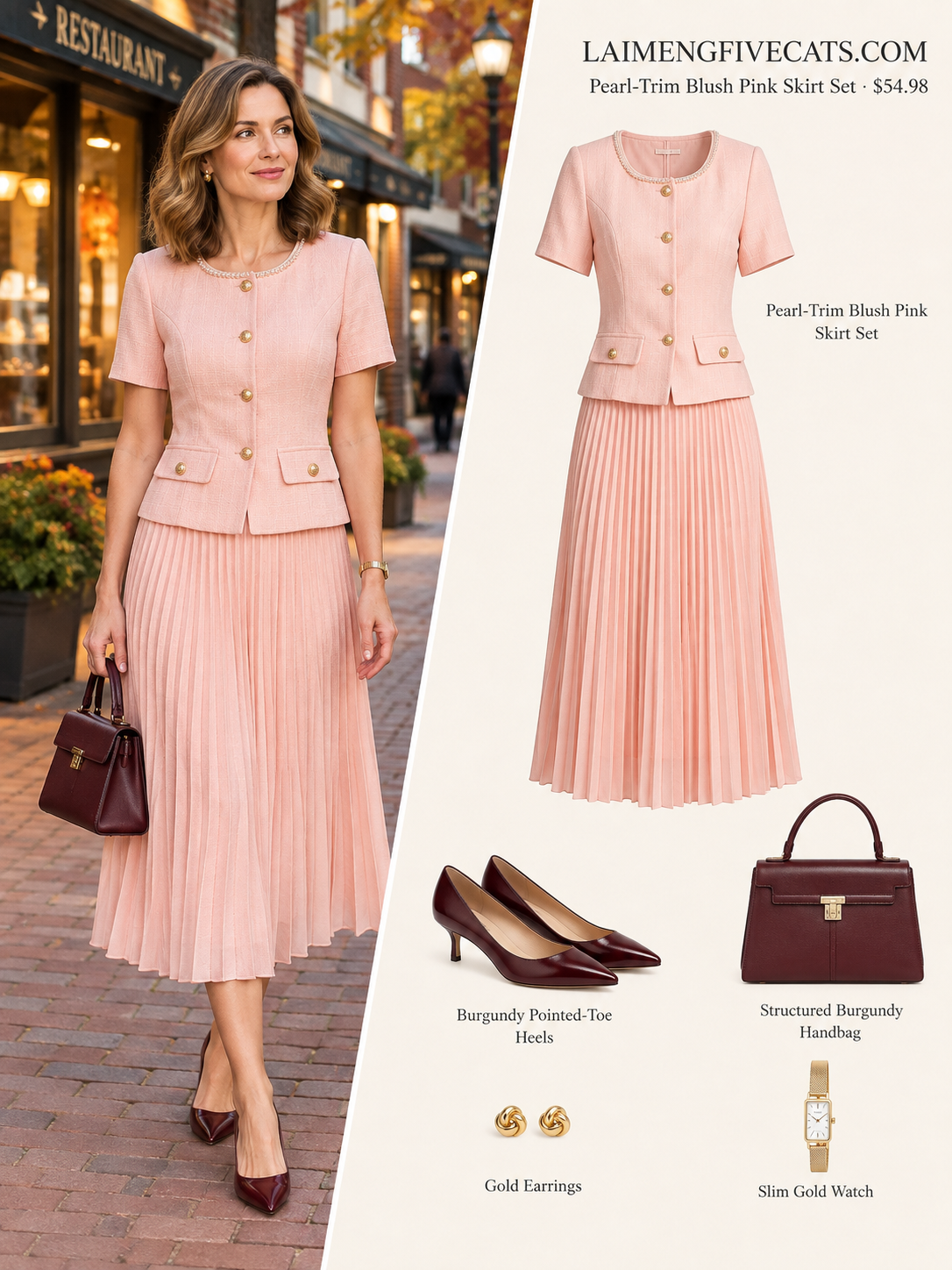 28664-Pearl-Trim Long Sleeve Elegant Pleated Skirt Set