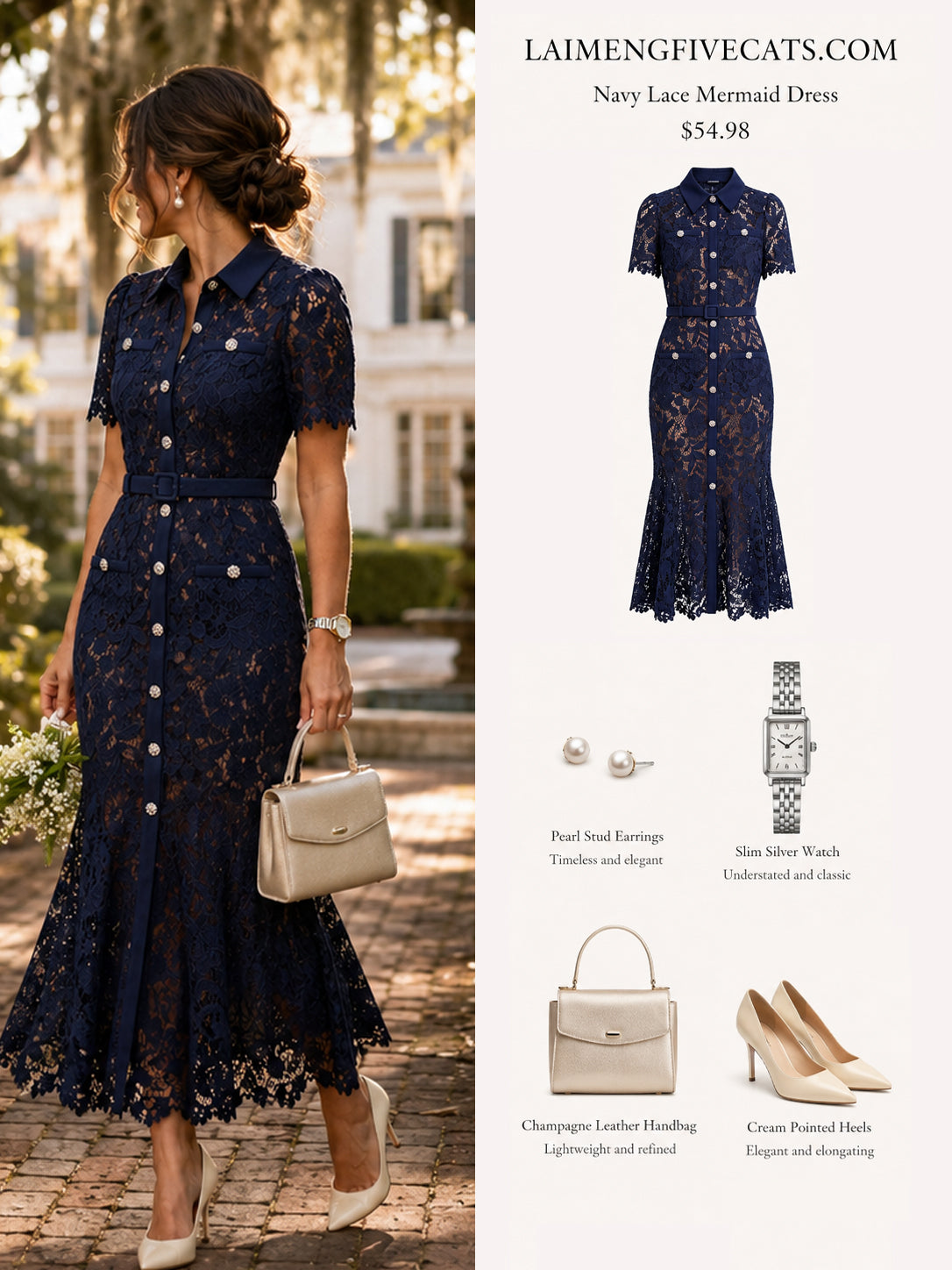 Navy Lace Mermaid Midi Dress with Belt