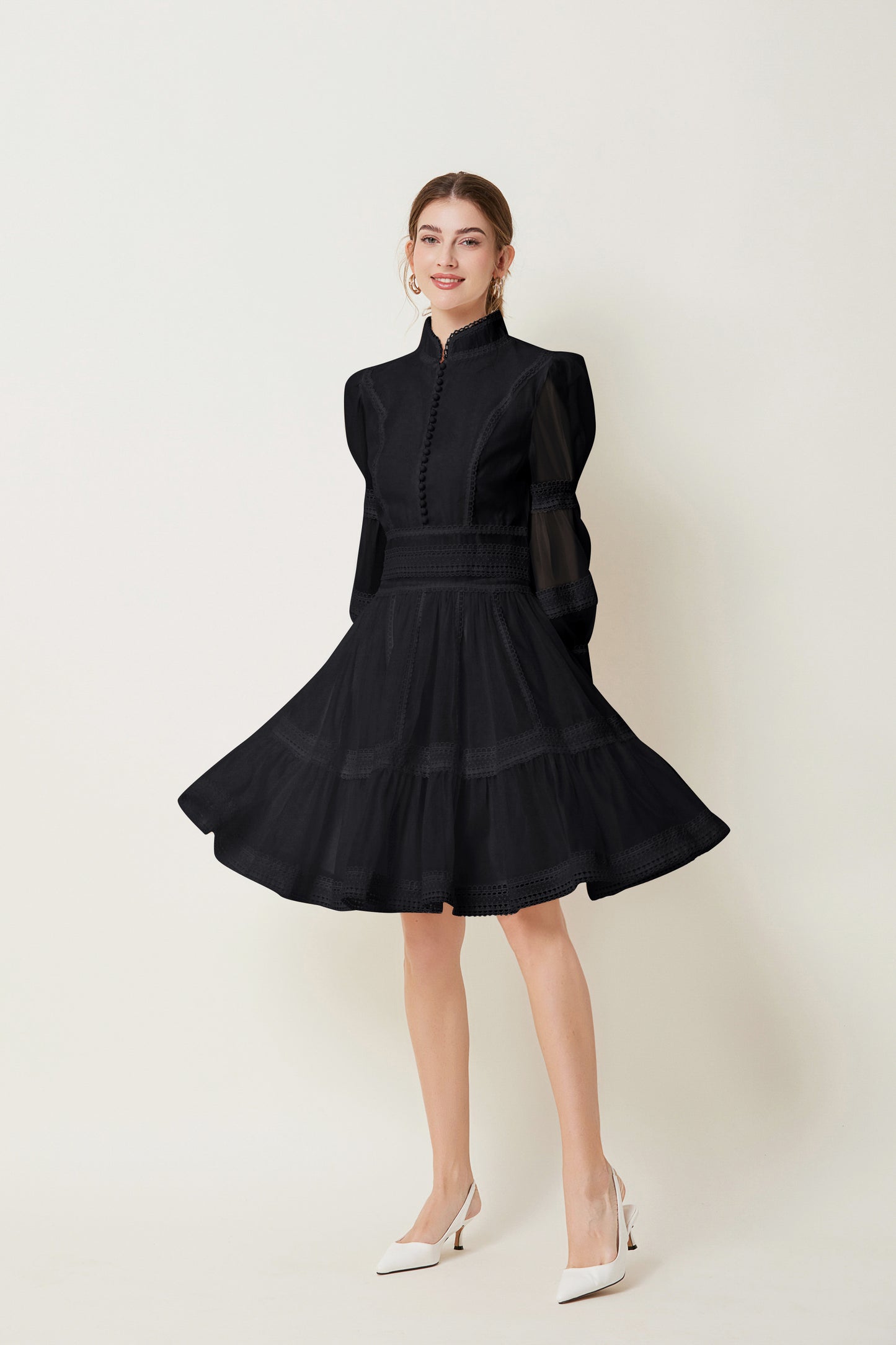 BK-Organza Lace Puff Sleeve Mini Dress