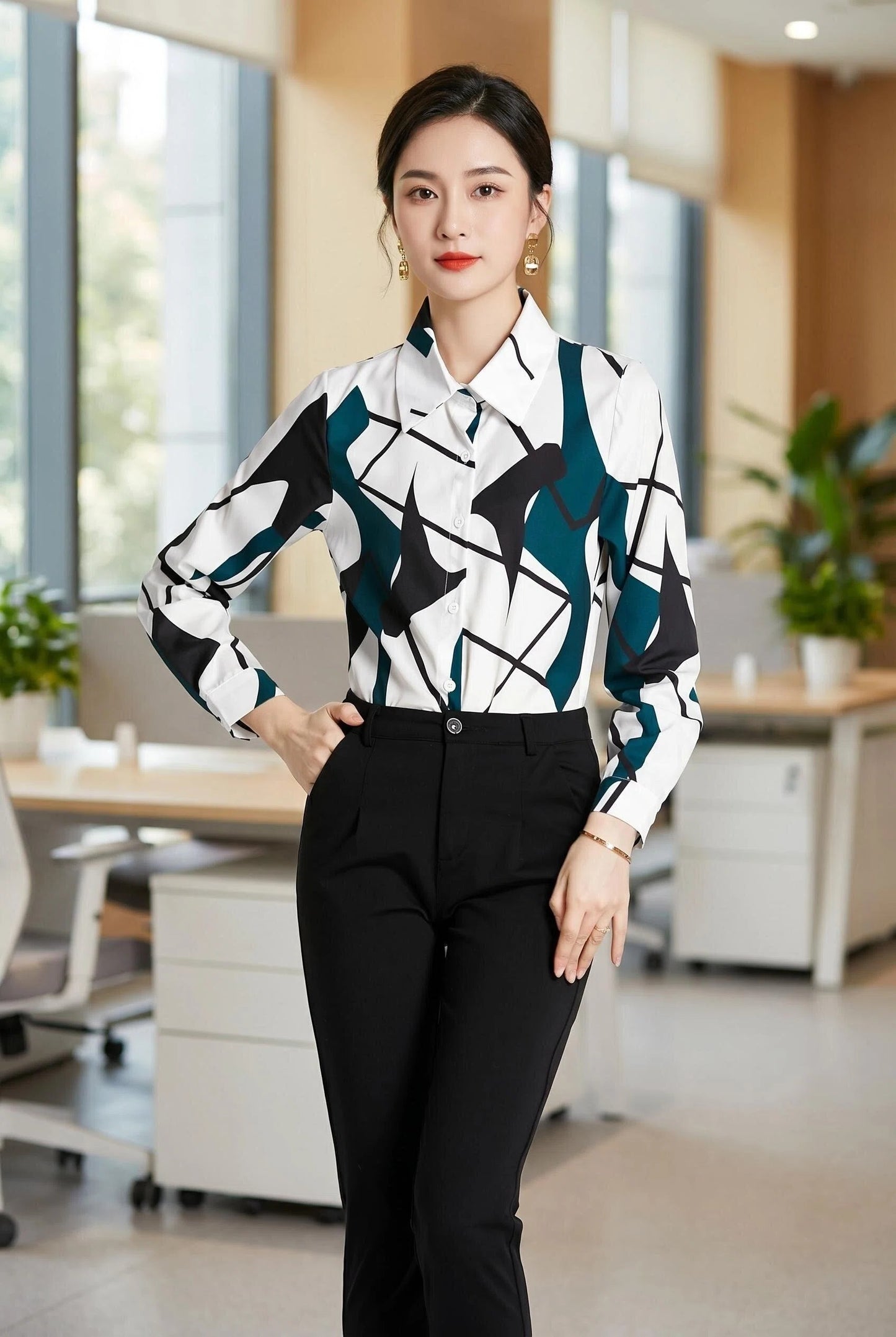 ESY-Women's Long Sleeve Lapel Collar Print Button Blouse - LAI MENG FIVE CATS