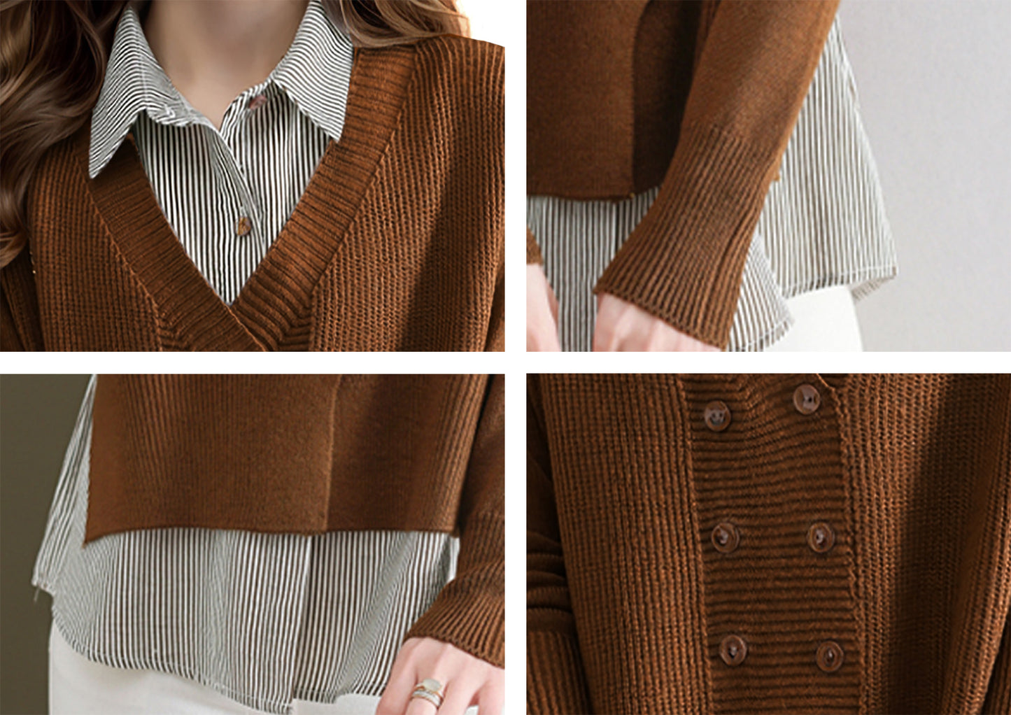 Women's Casual Patchwork Shirt Collar Long Sleeve Cotton Pullover Tops - LAI MENG FIVE CATS