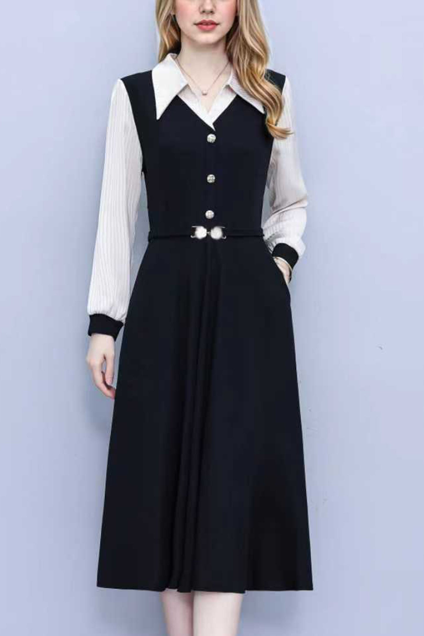 Women's V-Neck with Pockets Long Sleeve Black Dress