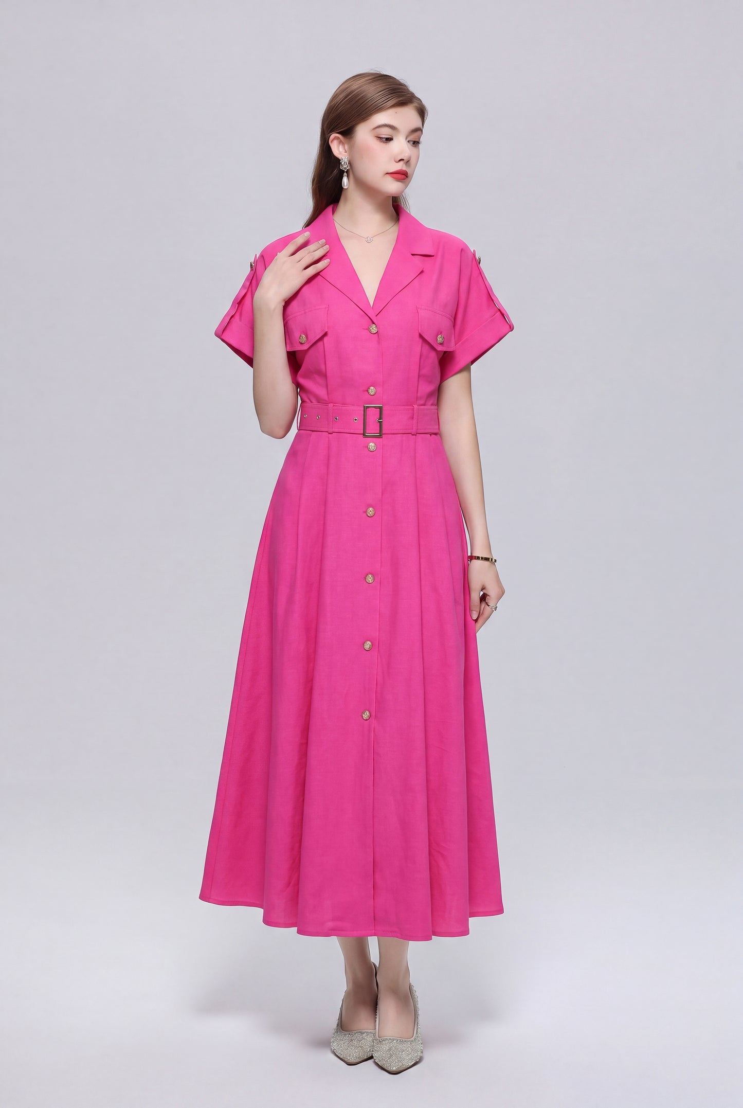 Women’s Elegant Button Front Midi Shirt Dress with Belt Loose fit