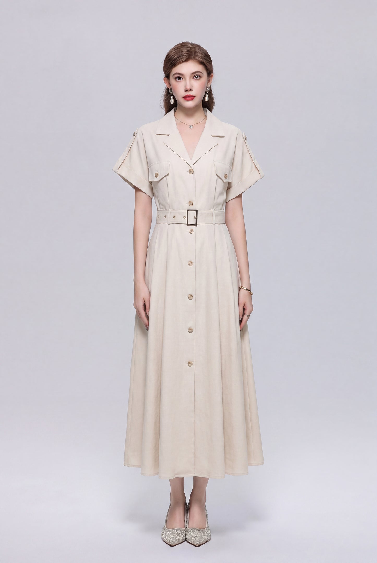 Women’s Loose Fit A-Line Shirt Dress with Belt