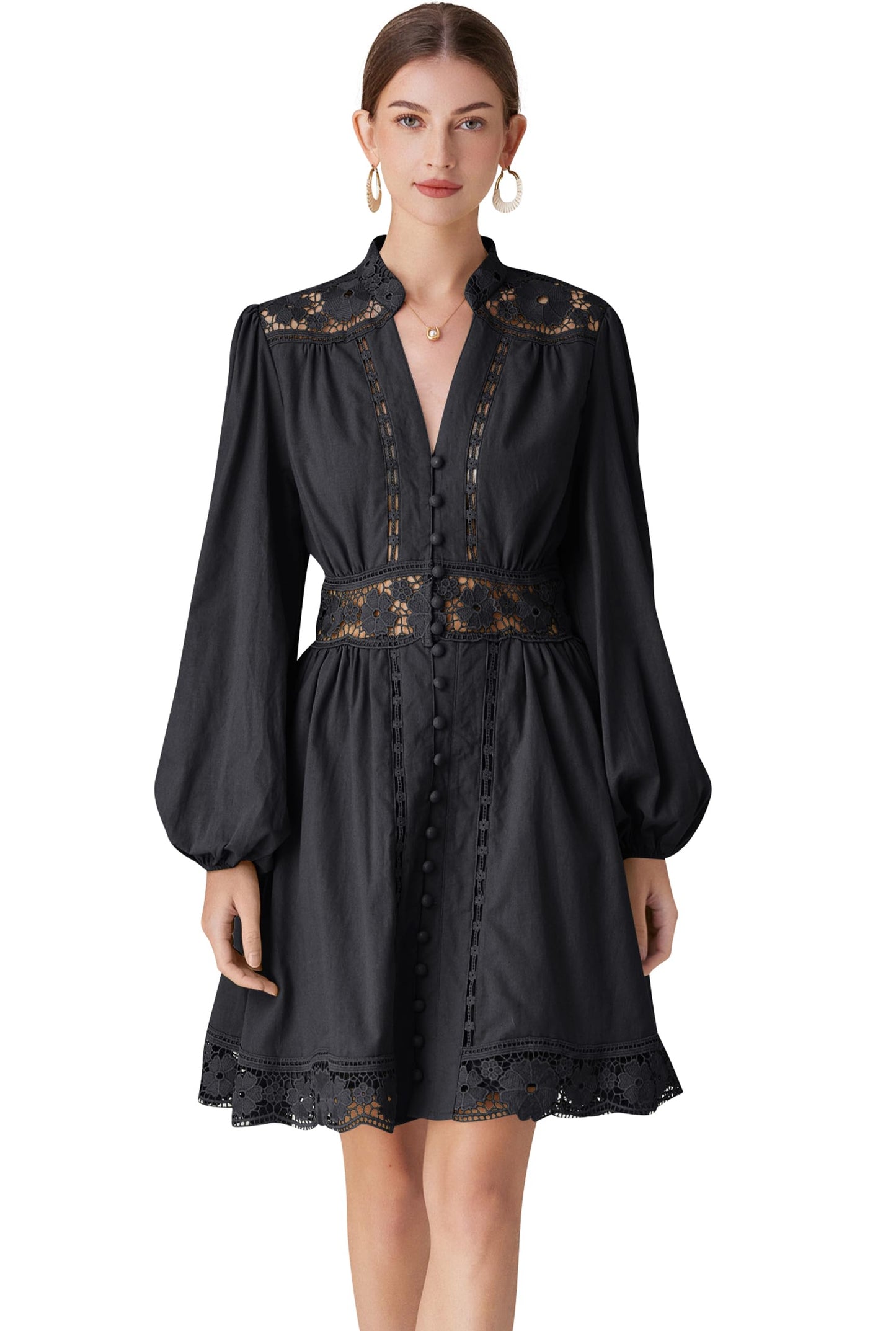 BK-Lace Lantern Long Sleeve Mini Dress - LAI MENG FIVE CATS