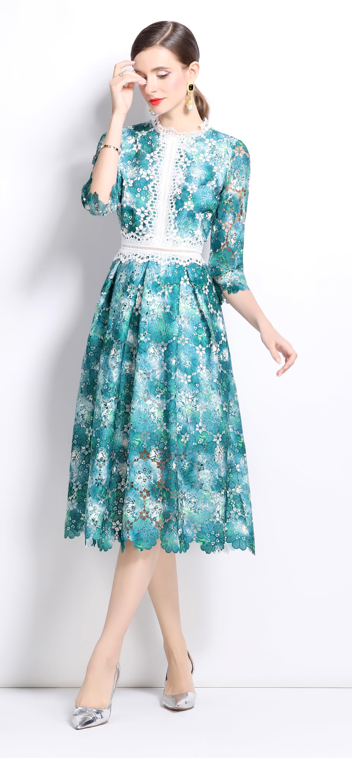 Womens 3/4 Sleeve Floral Print Midi Dress - LAI MENG FIVE CATS
