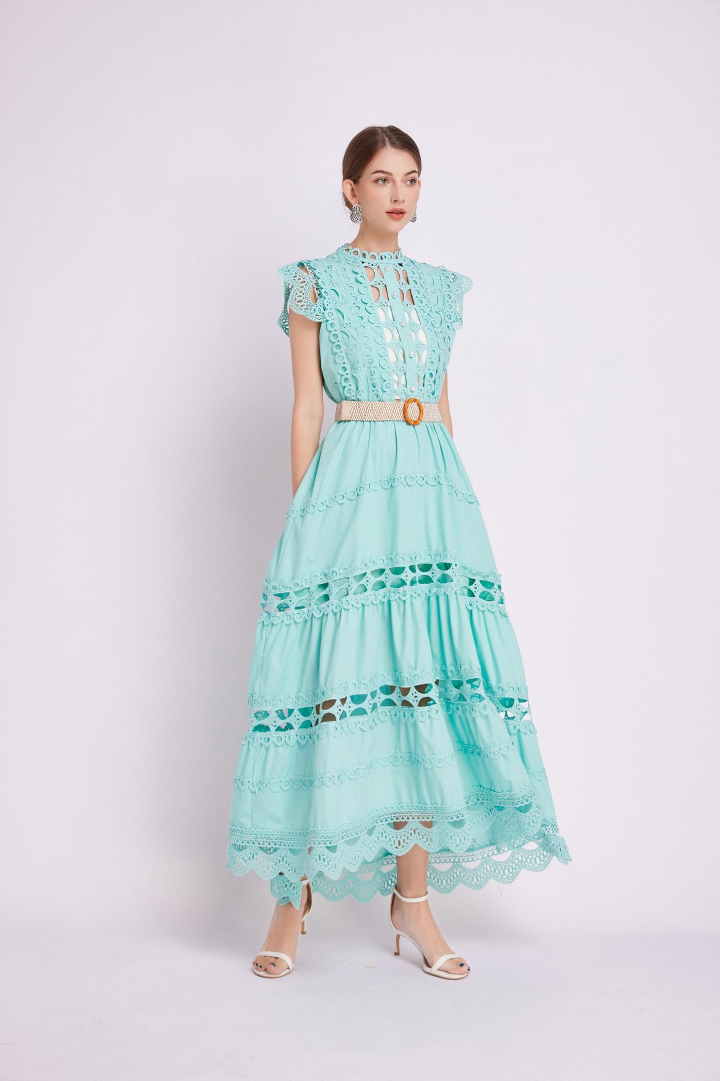 BK-Womens Lace Hollow Ruffled Maxi Dress - LAI MENG FIVE CATS