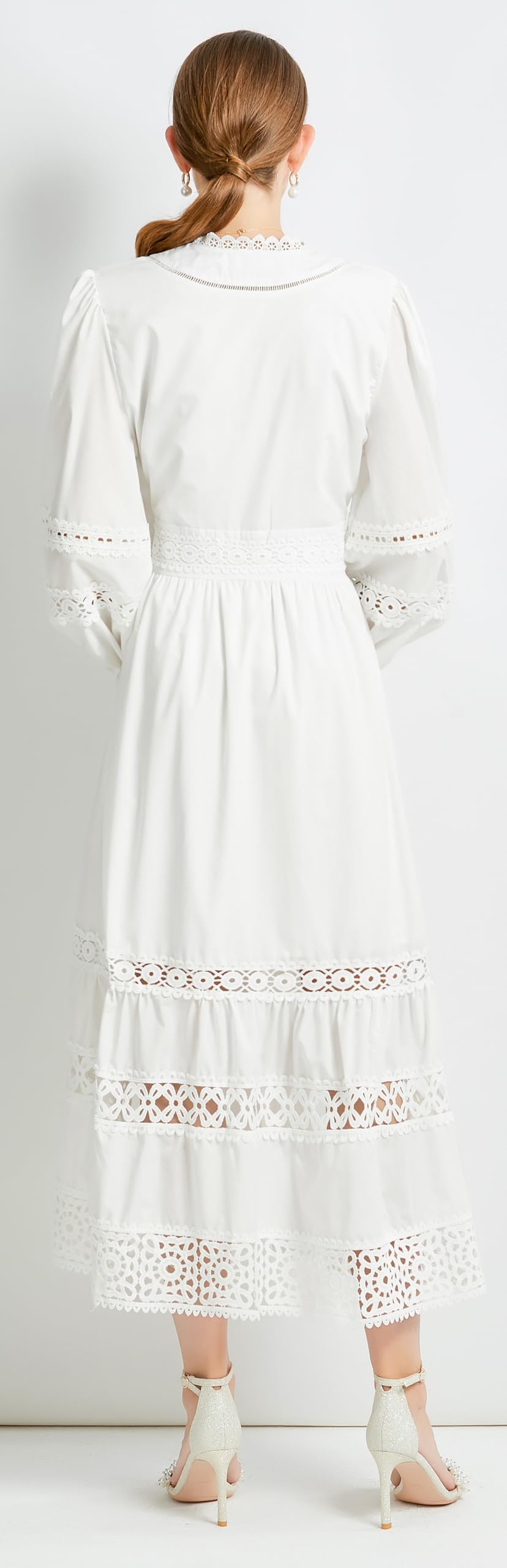 Womens Hollow Buttons Puffy Sleeves Midi Dress - LAI MENG FIVE CATS
