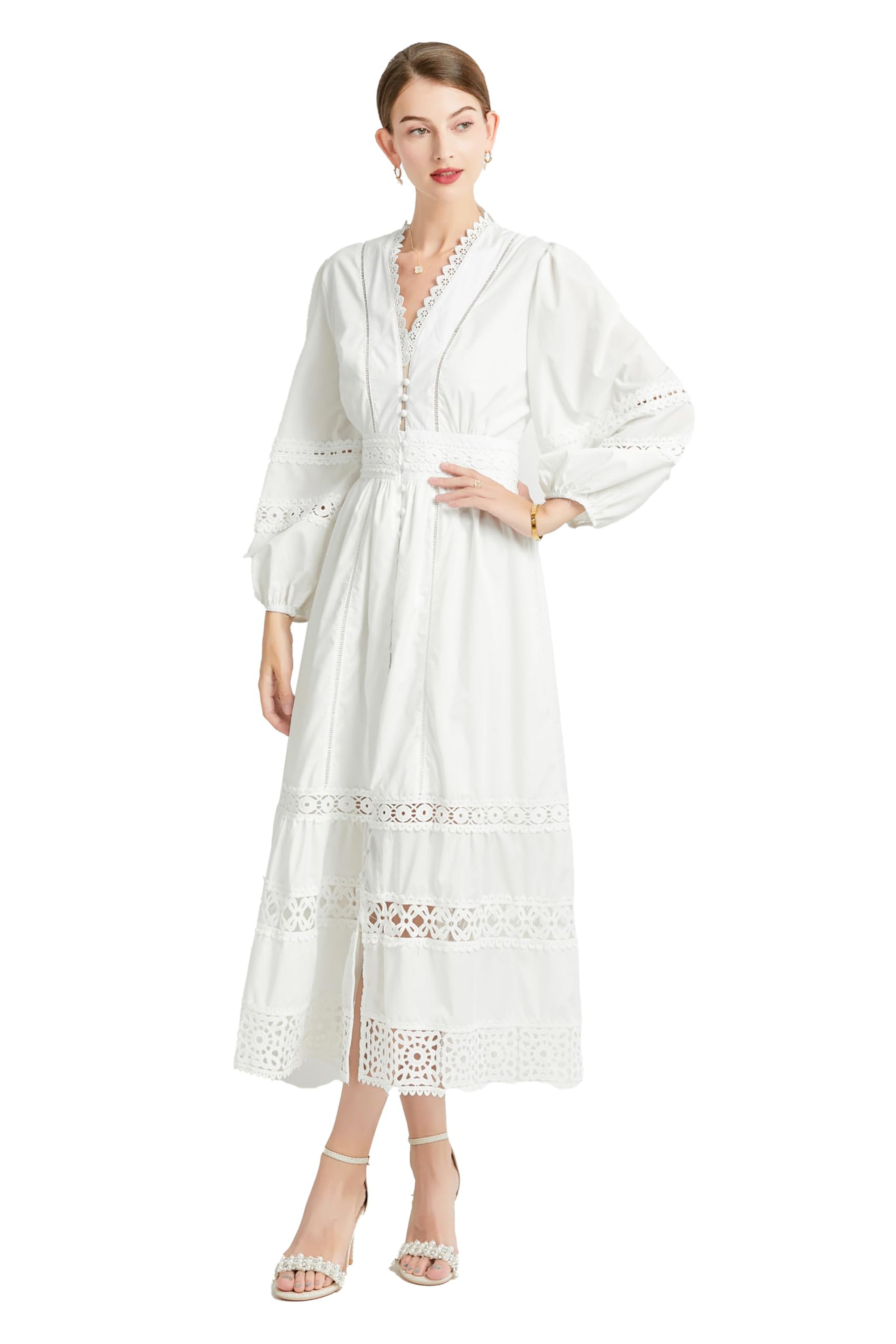 Womens Hollow Buttons Puffy Sleeves Midi Dress - LAI MENG FIVE CATS