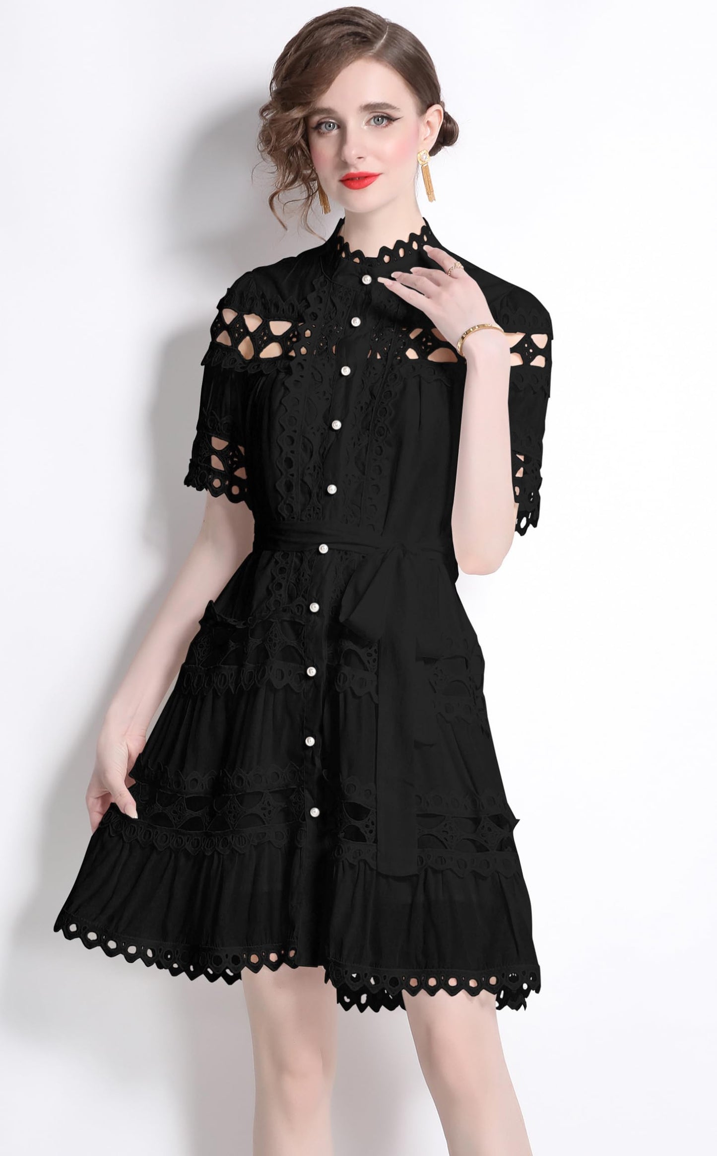 Womens Lace Hollow Button Mini Dress - LAI MENG FIVE CATS
